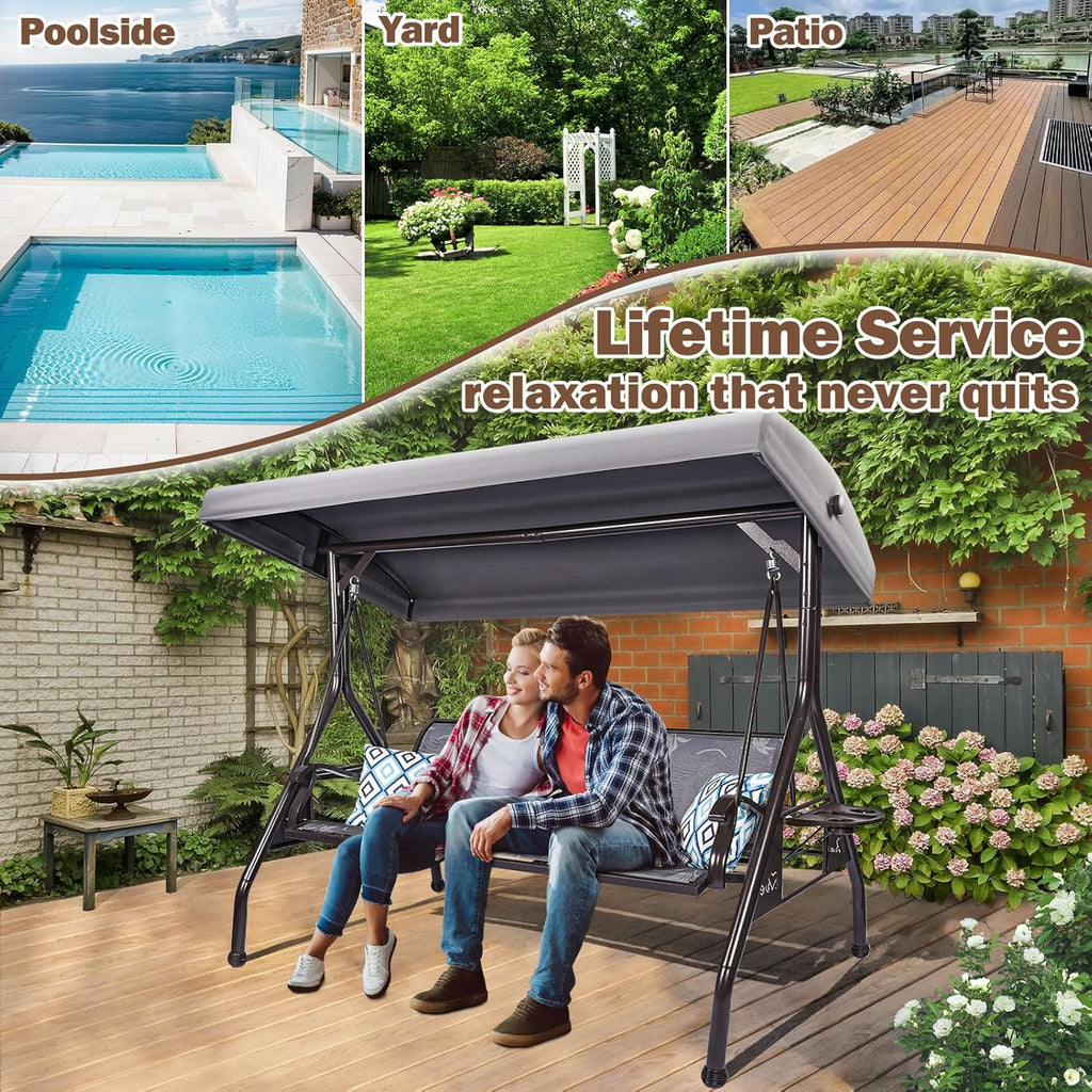 ZZW 3 Person Patio Swing Outdoor Swing for Adults with Adjustable Canopy &Upgraded Cup Holders Textilene Fabric Porch Swing Chair with Stand Heavy Duty 800 LBS