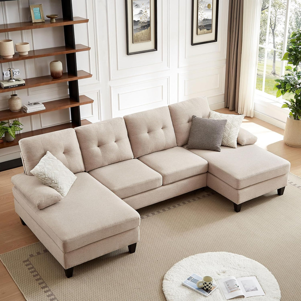 Sectional Couch for Living Room, Modern Linen Fibre U Shaped Sofa Couches with Double Chaise, Upholstered 4 Seater Sofa for Living Room, Apartment, Office, Beige