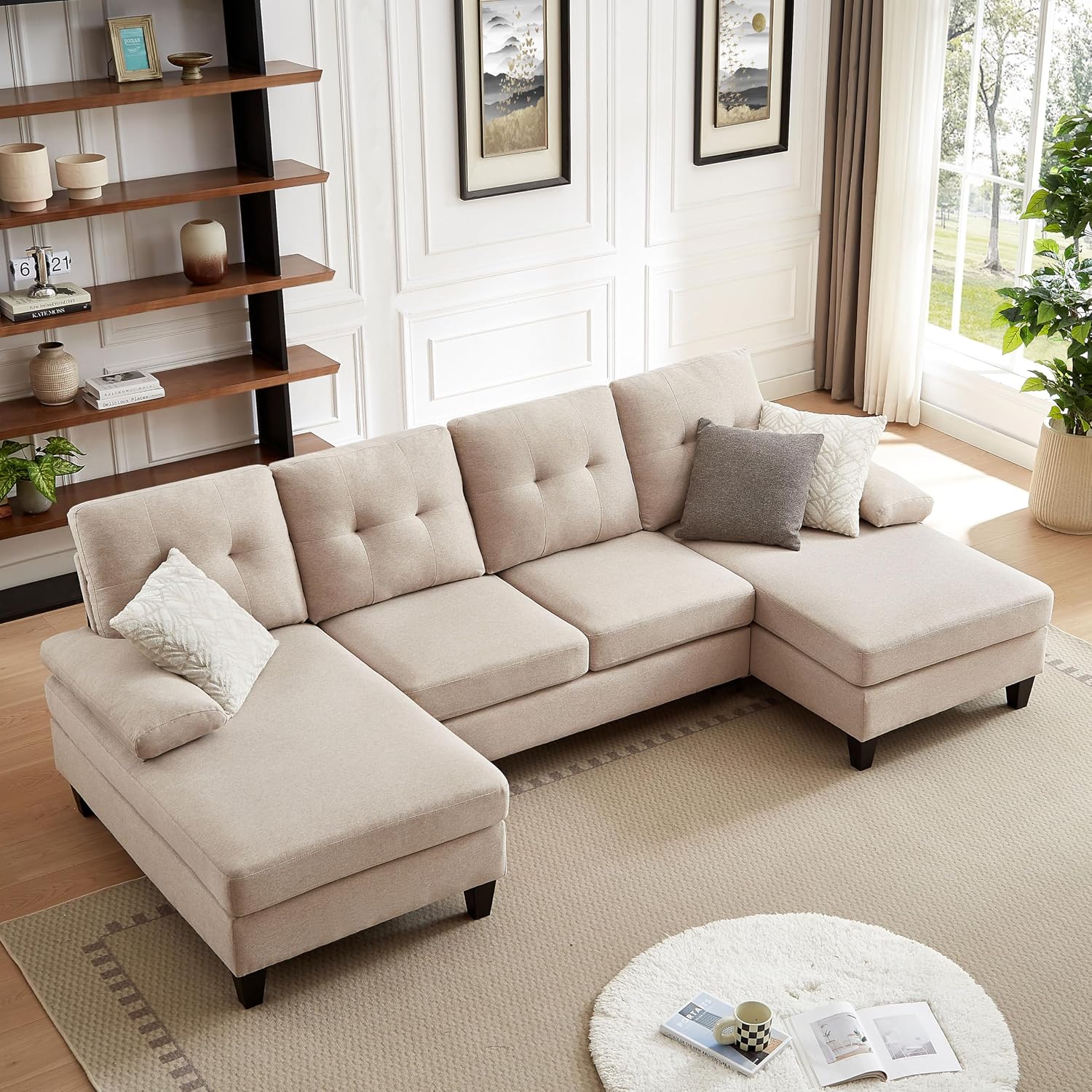 Sectional Couch for Living Room, Modern Linen Fibre U Shaped Sofa Couches with Double Chaise, Upholstered 4 Seater Sofa for Living Room, Apartment, Office, Beige