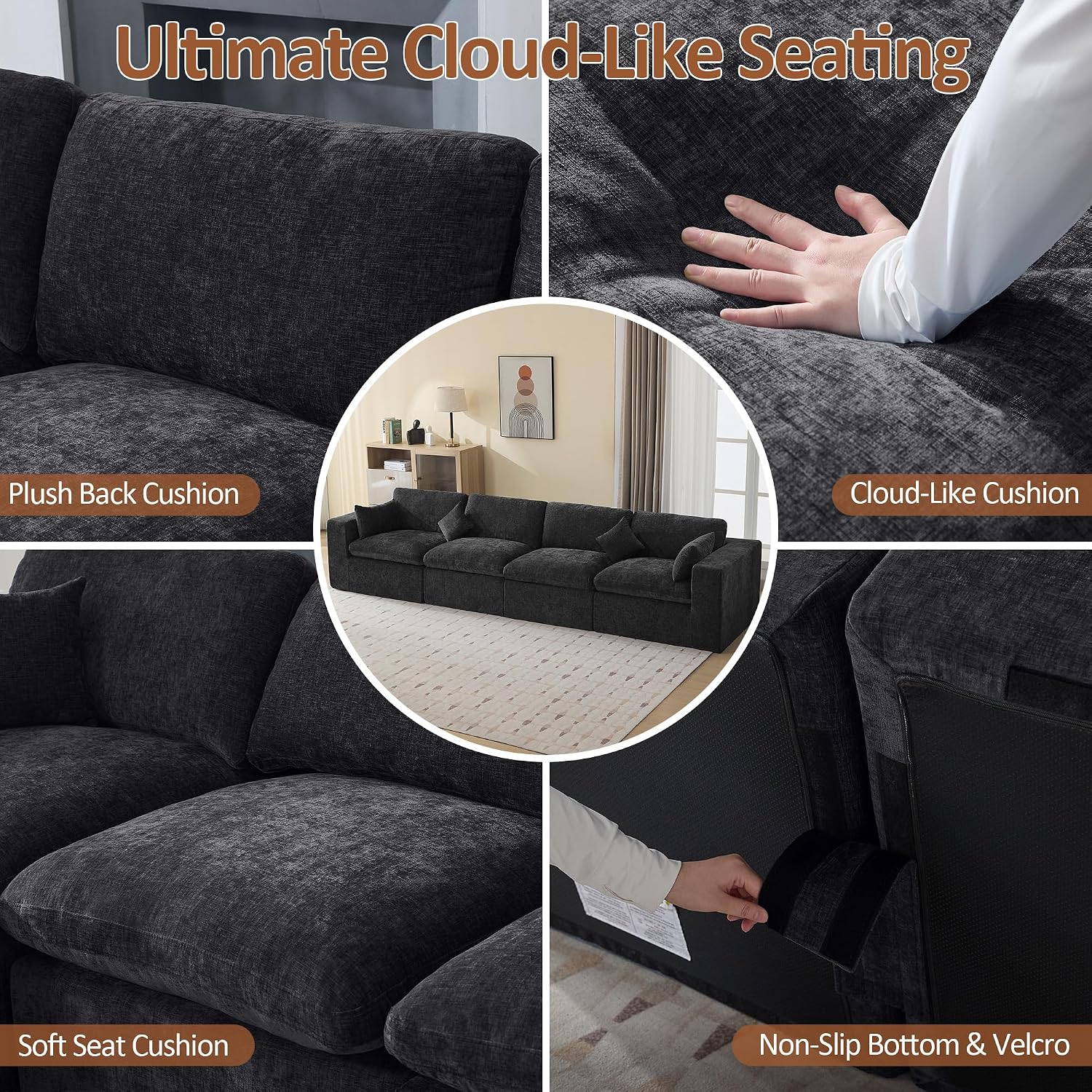 146''Cloud Boneless Sectional Couch, Modular Sectional Sofa Deep Seat, Oversized Upholstered Convertible Comfy 4 Seater Chenille Memory Foam Sofa Couches for Living Room, Dark