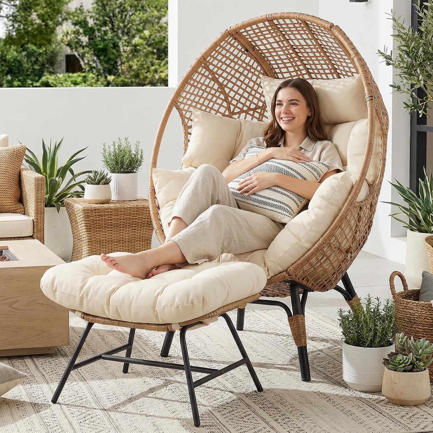 RADIATA Egg Chair with Footrest, Wicker Patio Lounger with Ottoman, Oversized Rattan Egg Shaped Chair with Leg for Indoor Outdoor Patio Balcony Garden (Beige)