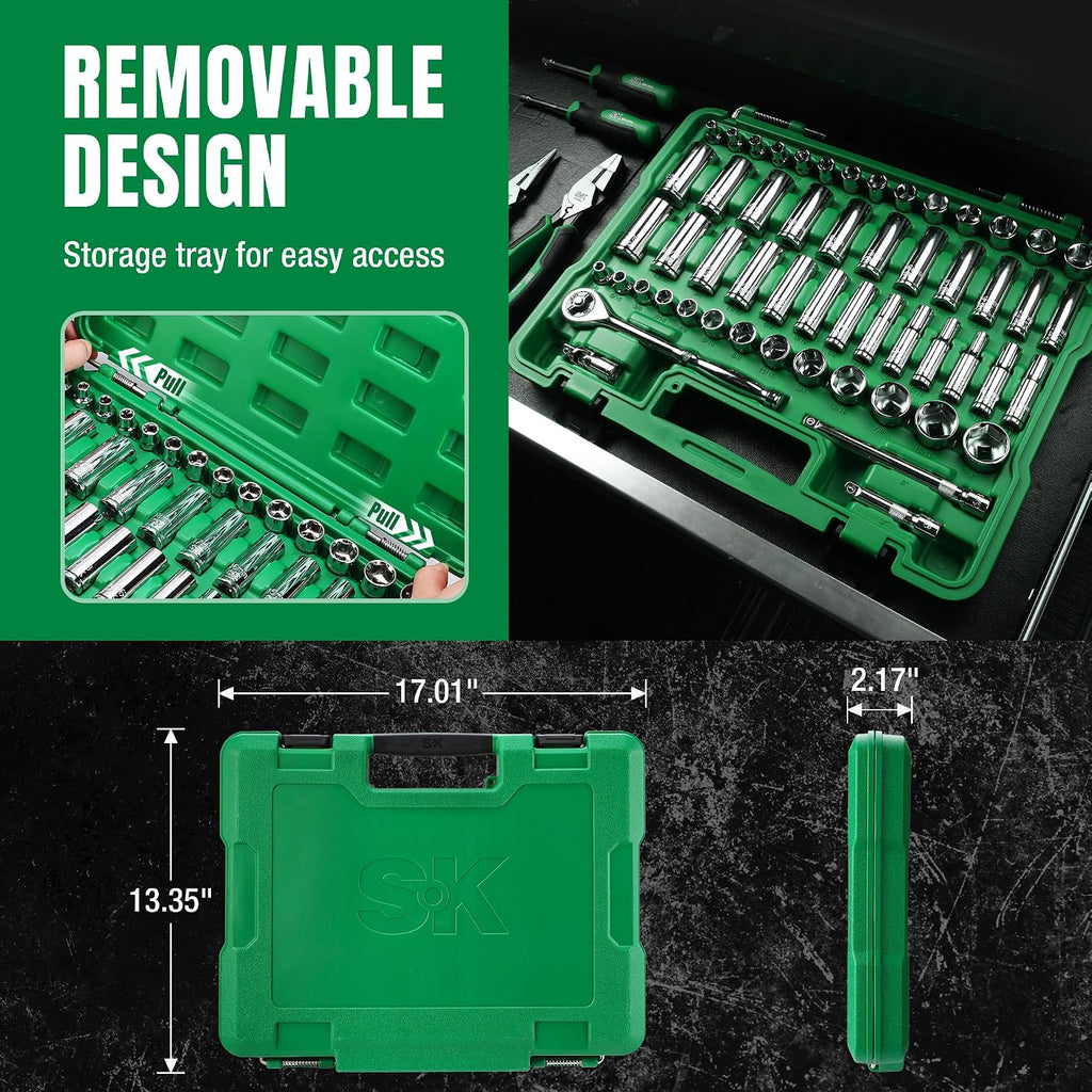 SK 3/8' Drive Socket Set with 216-P Ratchet, 55-Piece, SAE & Metric, SuperKrome Finish, Premium CR-V Construction, with Storage Suitcase