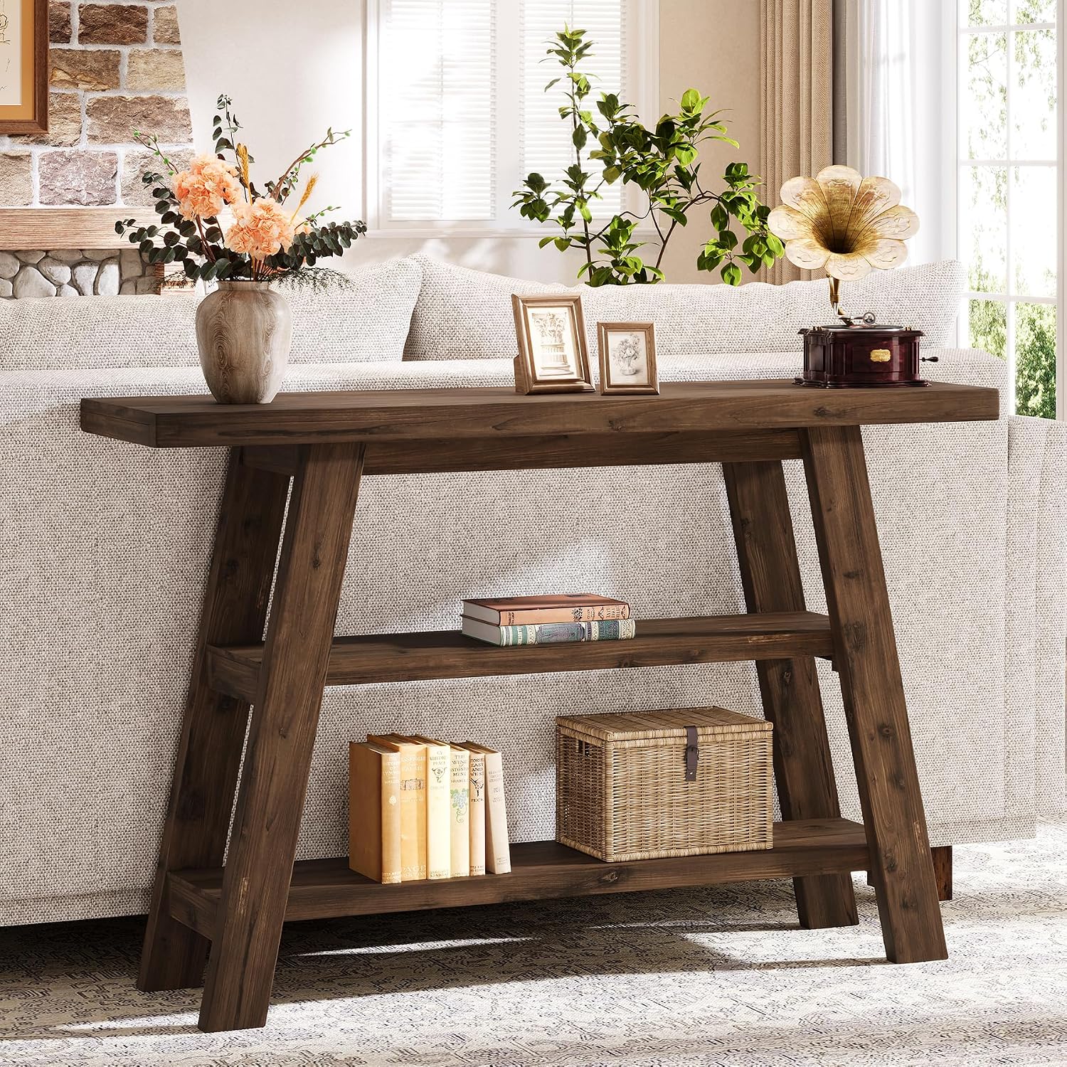 Solid Wood Console Table, 47.24' Long Farmhouse Entryway Table with 3-Tier Shelves, Rectangular Couch Tables Behind Sofa, Narrow Accent Tables for Hallway, Entrance, Foyer, Living Room (Dark Brown)