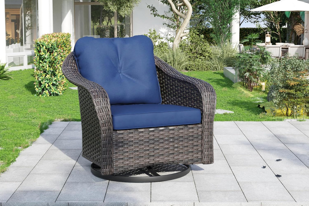 Wicker Swivel Rocking Chairs - Outdoor Brown Wicker Swivel Glider Chair Outdoor Rocking Chair with Water-Resistant Cushions, Blue