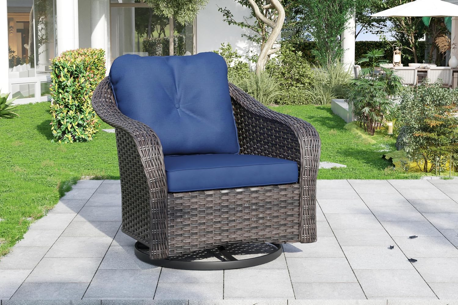 Wicker Swivel Rocking Chairs - Outdoor Brown Wicker Swivel Glider Chair Outdoor Rocking Chair with Water-Resistant Cushions, Blue