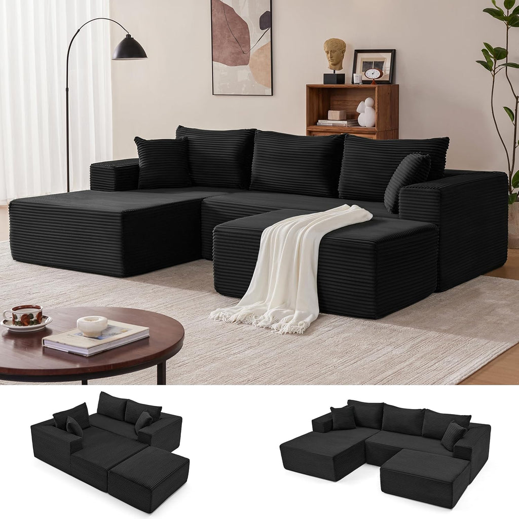 Mangodan 110' Cloud Sectional Couch, Modular Sectional Sofa with Deep Seat, Boneless Sofa for Living Room, Fluffy Comfy U-Shaped Couch with Left Facing Chaise, No Assembly Required, Black