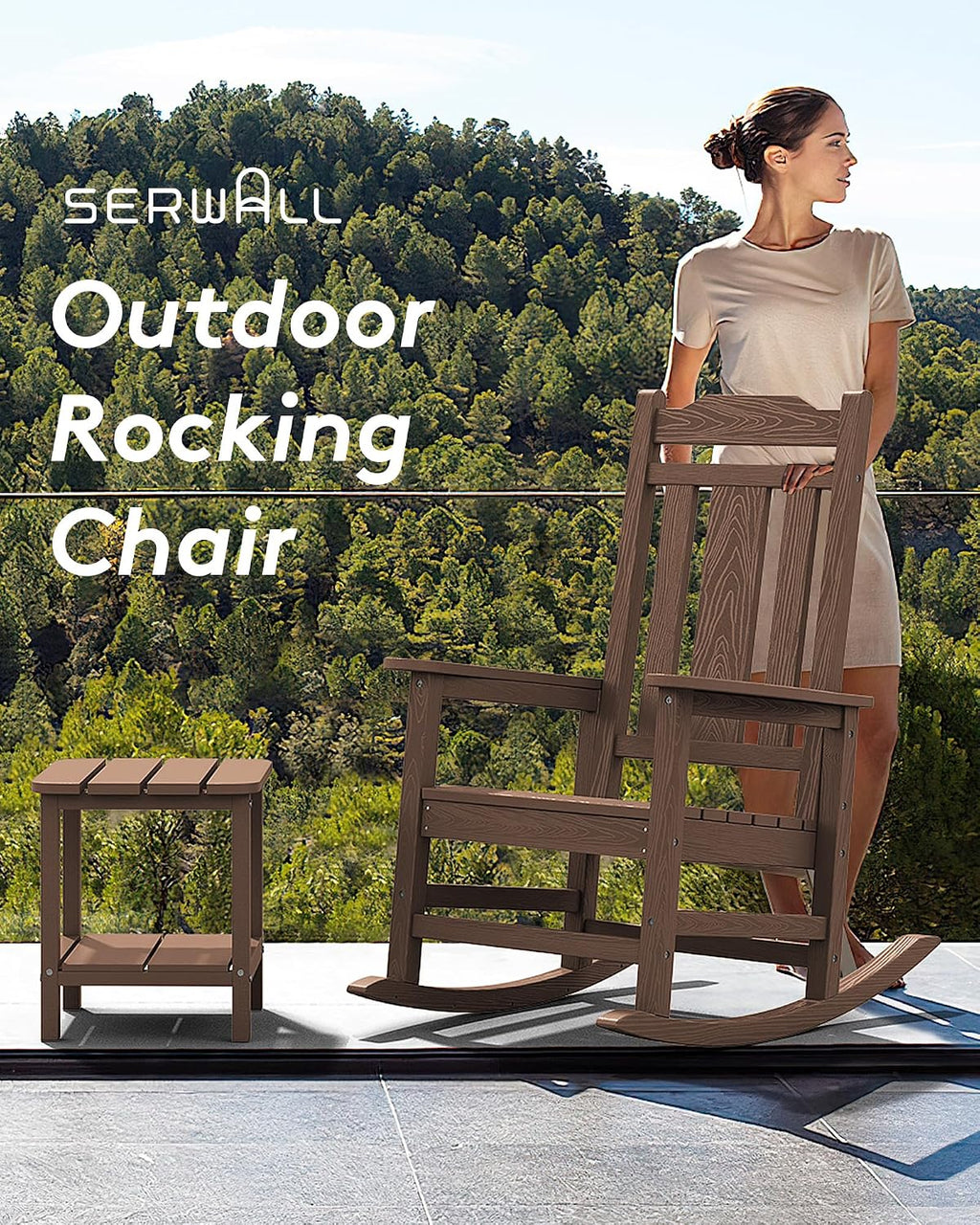 SERWALL HDPE Outdoor Rocking Chairs for Adults, Outdoor Rocking Chairs Set of 2, Patio Rocking Chair Sets, Coffee