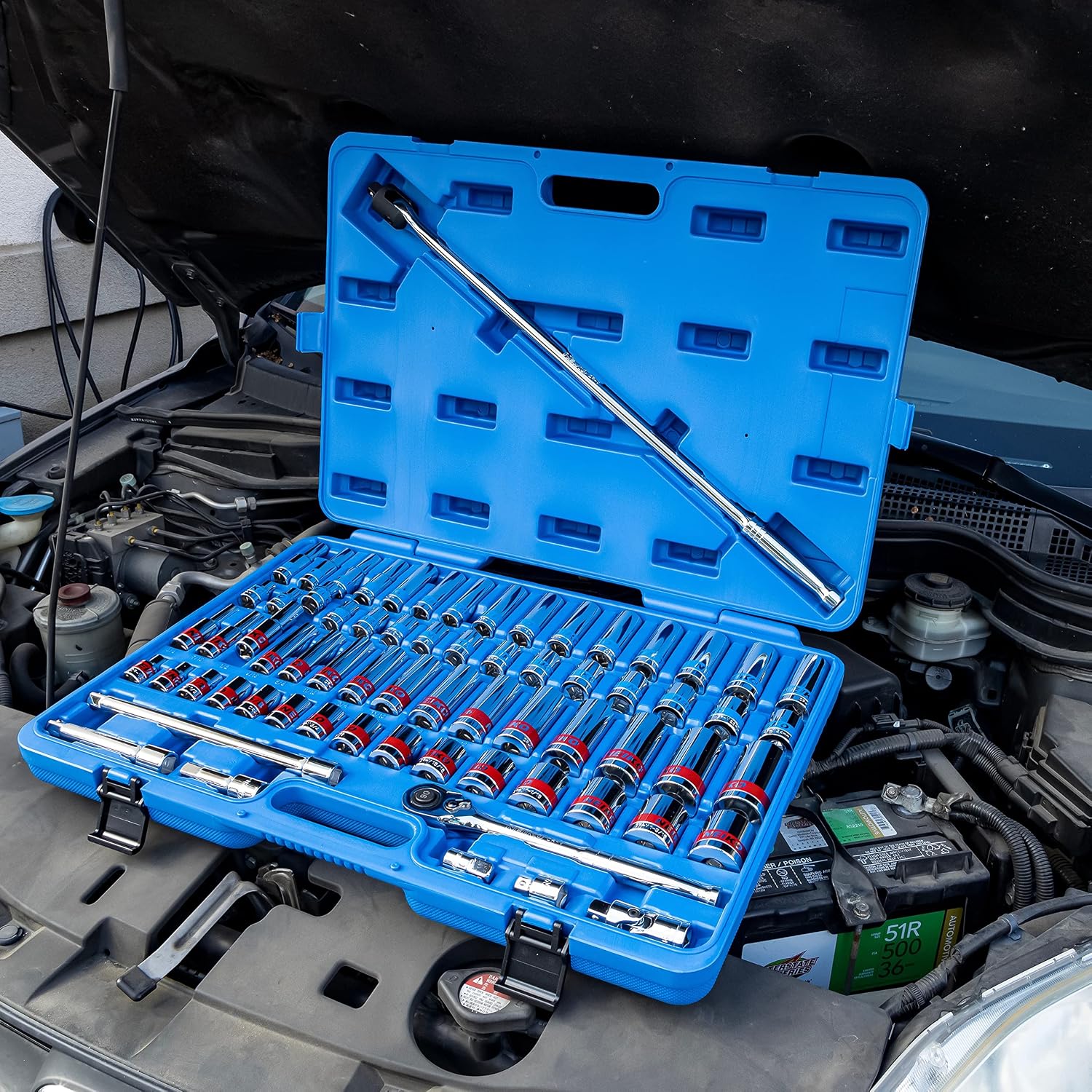 Neiko 02479A 1/2 Inch-Drive Colored Mechanics Tool Ratchet, Socket Set, 68 Piece Standard and Deep SAE Sizes 3/8' to 1-1/4' Metric Sizes 10 mm to 24 mm Made with CrV Steel for Auto Repair