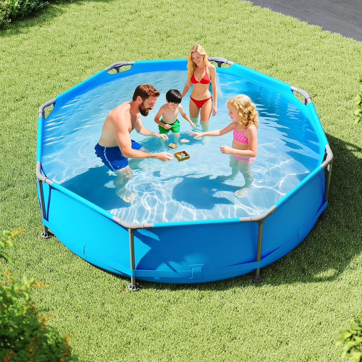 Moccha 10'x10' Round Above Ground Pool, Metal Frame Family Pool Set w/PVC Fabric, 3 Stoppers, Drainage Valve Connector, Outdoor Backyard Swimming Pool (10' Round, 1158 Gal, Blue)