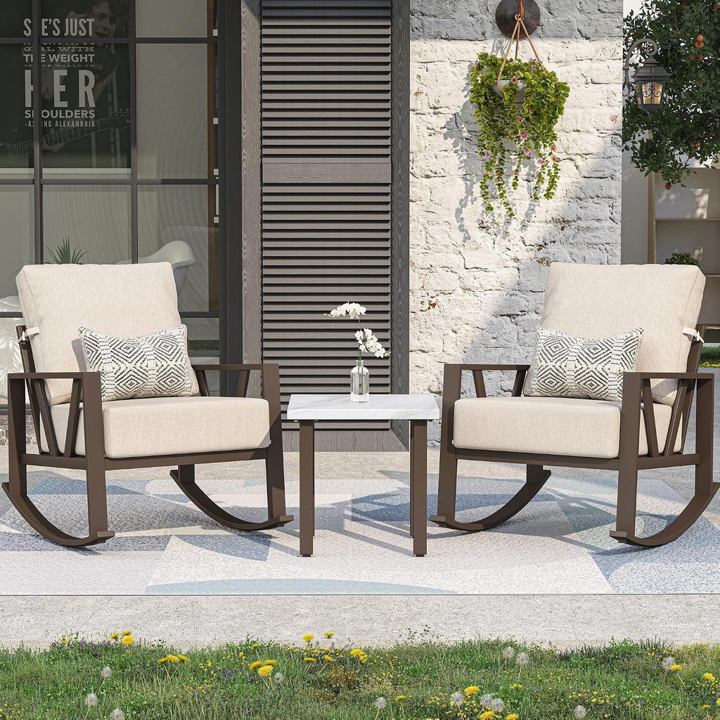 Outdoor Patio Rocking Chairs Set of 2, 3 Pieces Patio Porch Furniture Set with 6' Thick Cushions, Outdoor Bistro Set with Coffee Table, Upgrade Beige