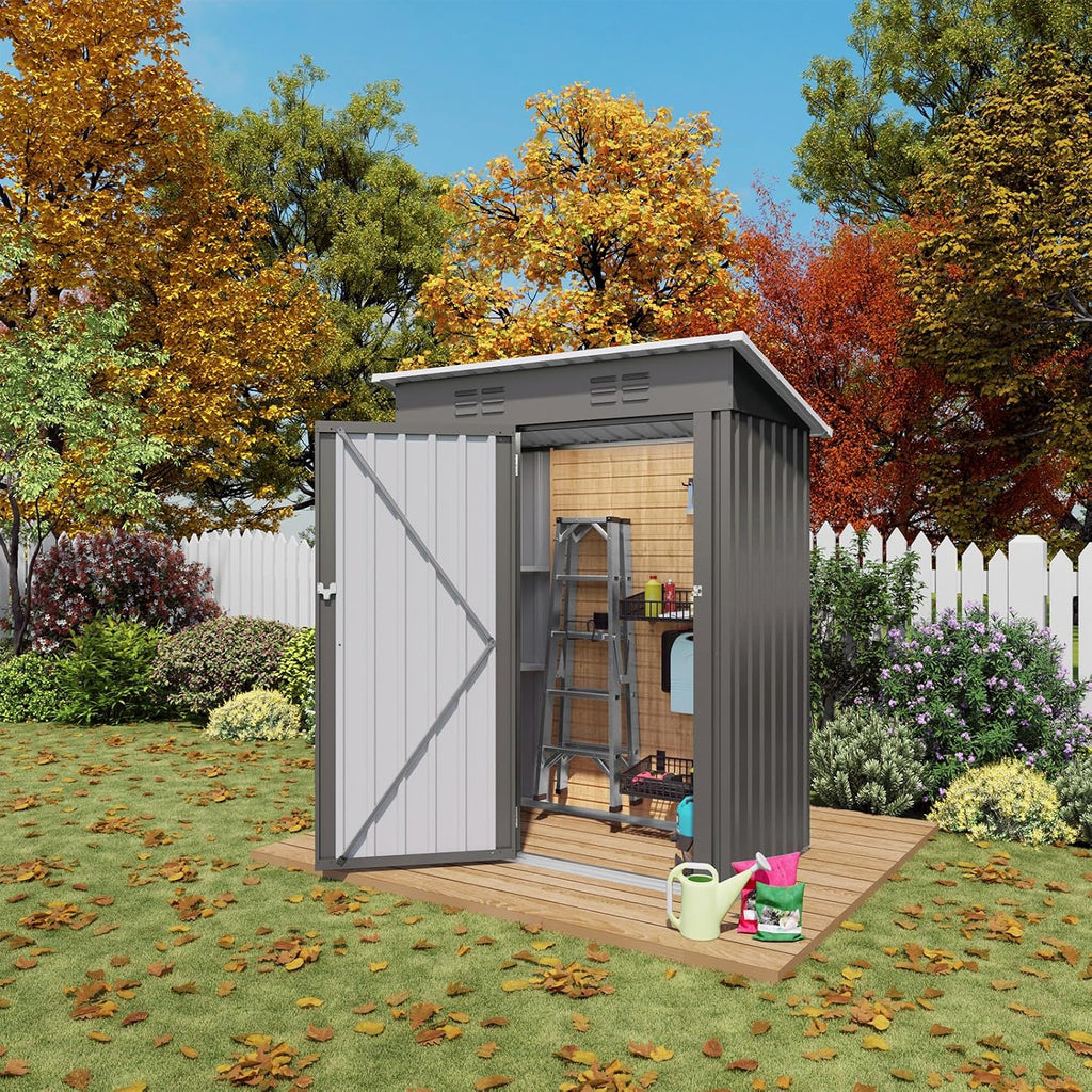Outdoor Storage Shed 5 x 3 FT Metal Tool Shed with Pitched Roof, Compact Metal Garden Shed Anti-Corrosion Storage House with Lockable Door for Backyard, Patio, Sundries, Gray (Pitched roof)