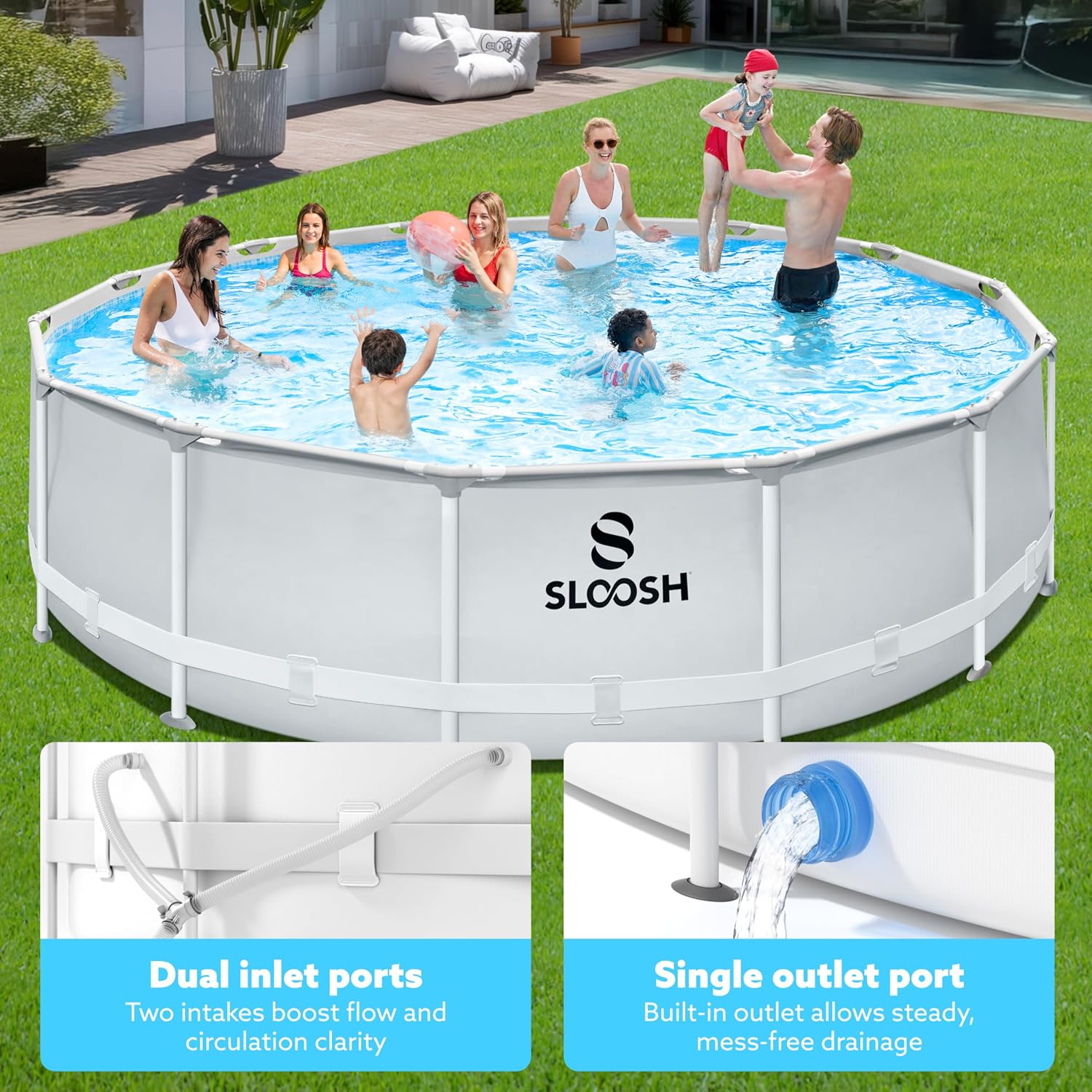 SLOOSH Round Above Ground Pool - 15ft x 42inch Outdoor Round Frame Above Ground Swimming Pool Set Kiddie Pool for Kids Adults with Filter Pump Ladder