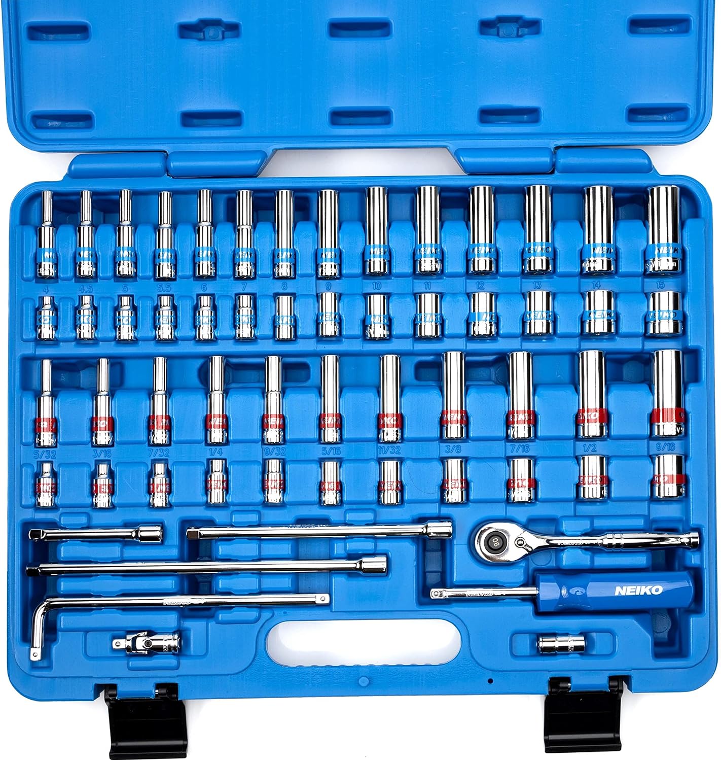 Neiko 02514A 1/4 Inch-Drive Ratchet and Small Socket Set, 58-Piece, Chrome Vanadium Steel, Multi-color