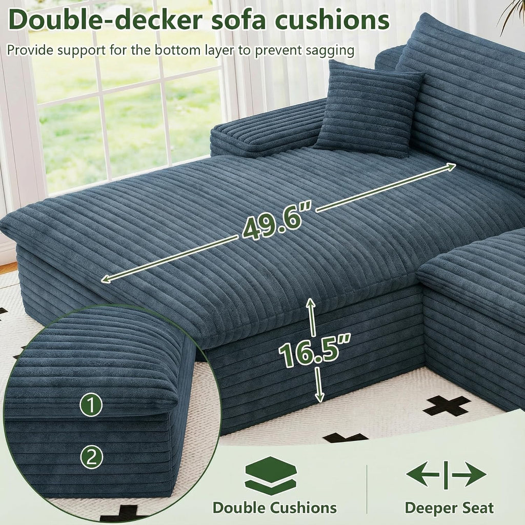 107' Cloud Couch Modular Sectional Sofa for Living Room, U-Shape Boneless Couch with Deep Seat, Modern Corduroy 3-Seater with Ottoman, No Assembly Required (Blue,Left-Facing Chaise)