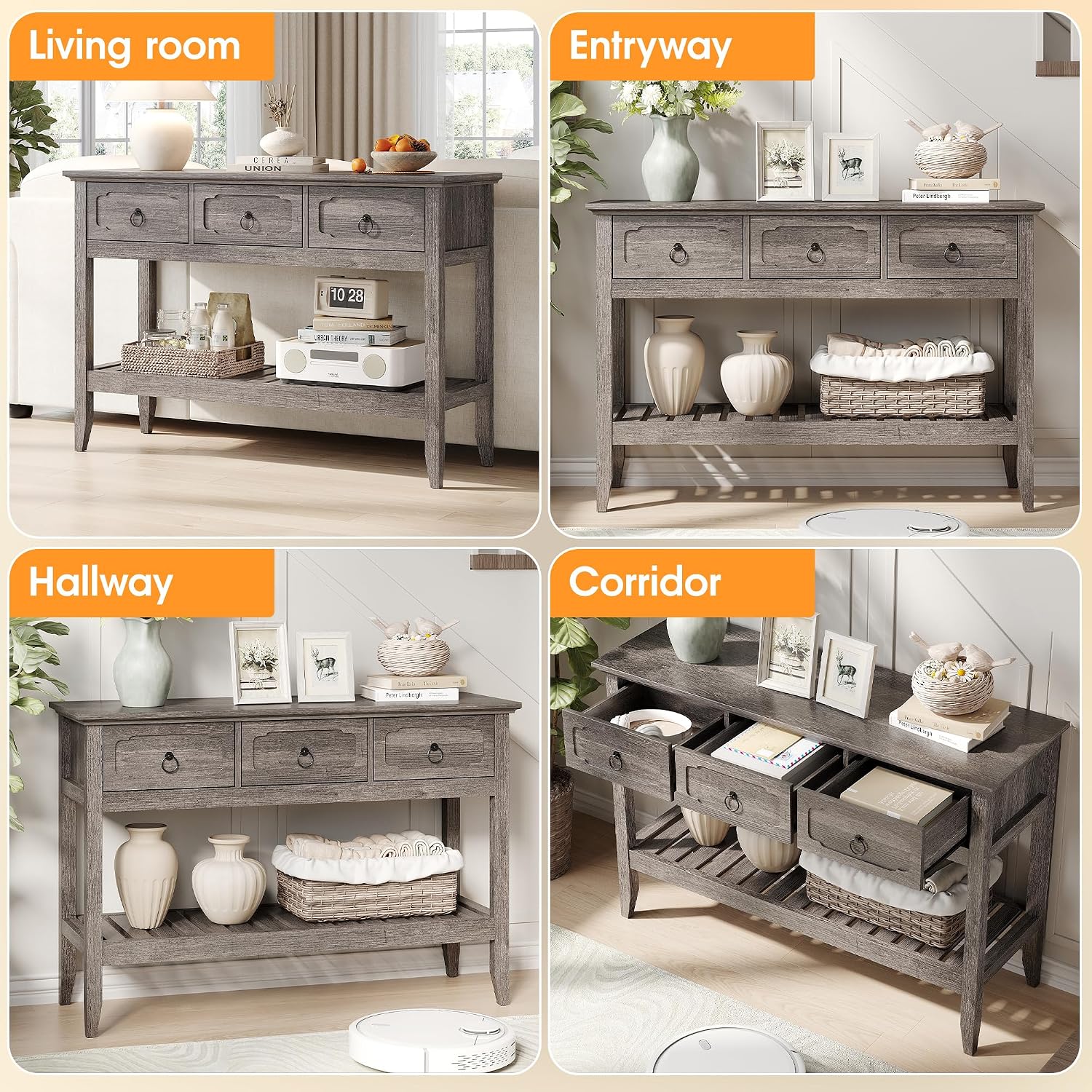 Maupvit Rustic Entryway Table with Large Storage Space, Farmhouse Feel Console Table for Entryway, Sturdy & Reliable Structure Sofa Table, Easy to Assemble