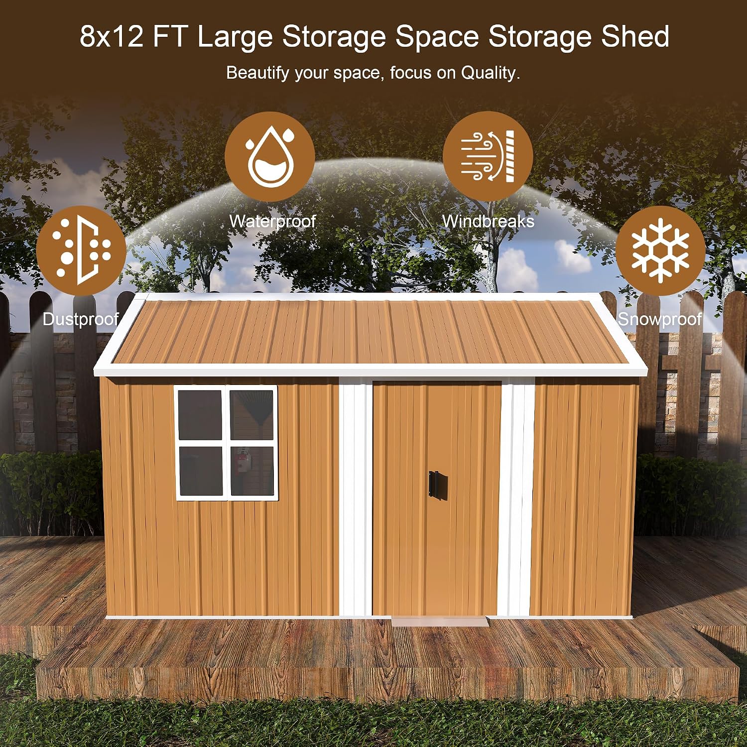 Montary 8X12 FT Outdoor Storage Shed with Windows, Lockable Door & Ventilation - Weatherproof Metal Garden Shed, Outdoor Tool Storage House for Backyard, Lawn, Patio,Yard