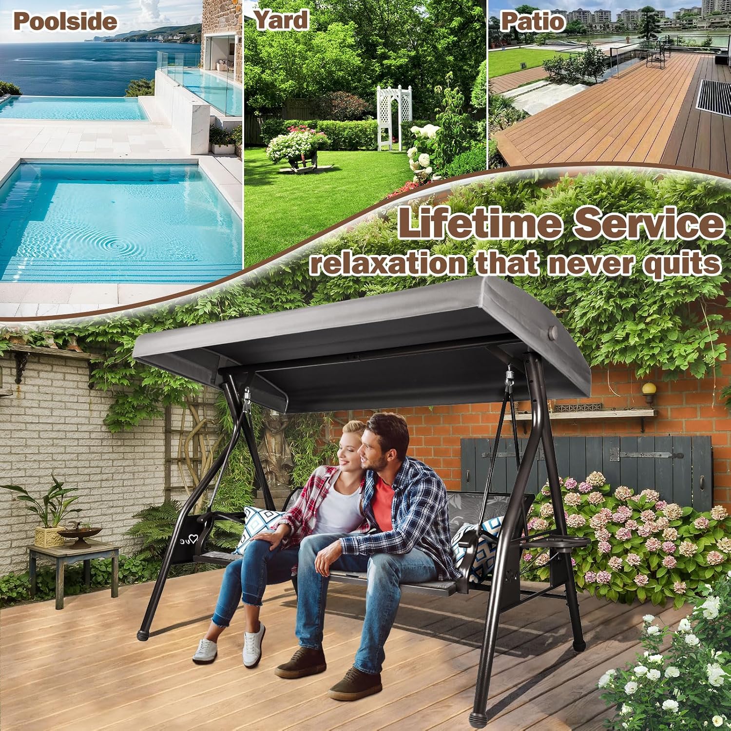 ZZW 3 Person Patio Swing Outdoor Swing for Adults with Adjustable Canopy &Upgraded Cup Holders Textilene Fabric Porch Swing Chair with Stand Heavy Duty 800 LBS