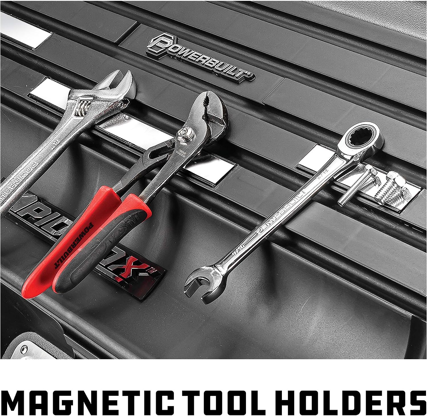 Powerbuilt 26 Inch Portable Slant Front Rapid Toolbox Tiered Tool Holders, 16 Gauge Steel, Weather-Resistant Lockable Magnetic Lid, Grey - 240102