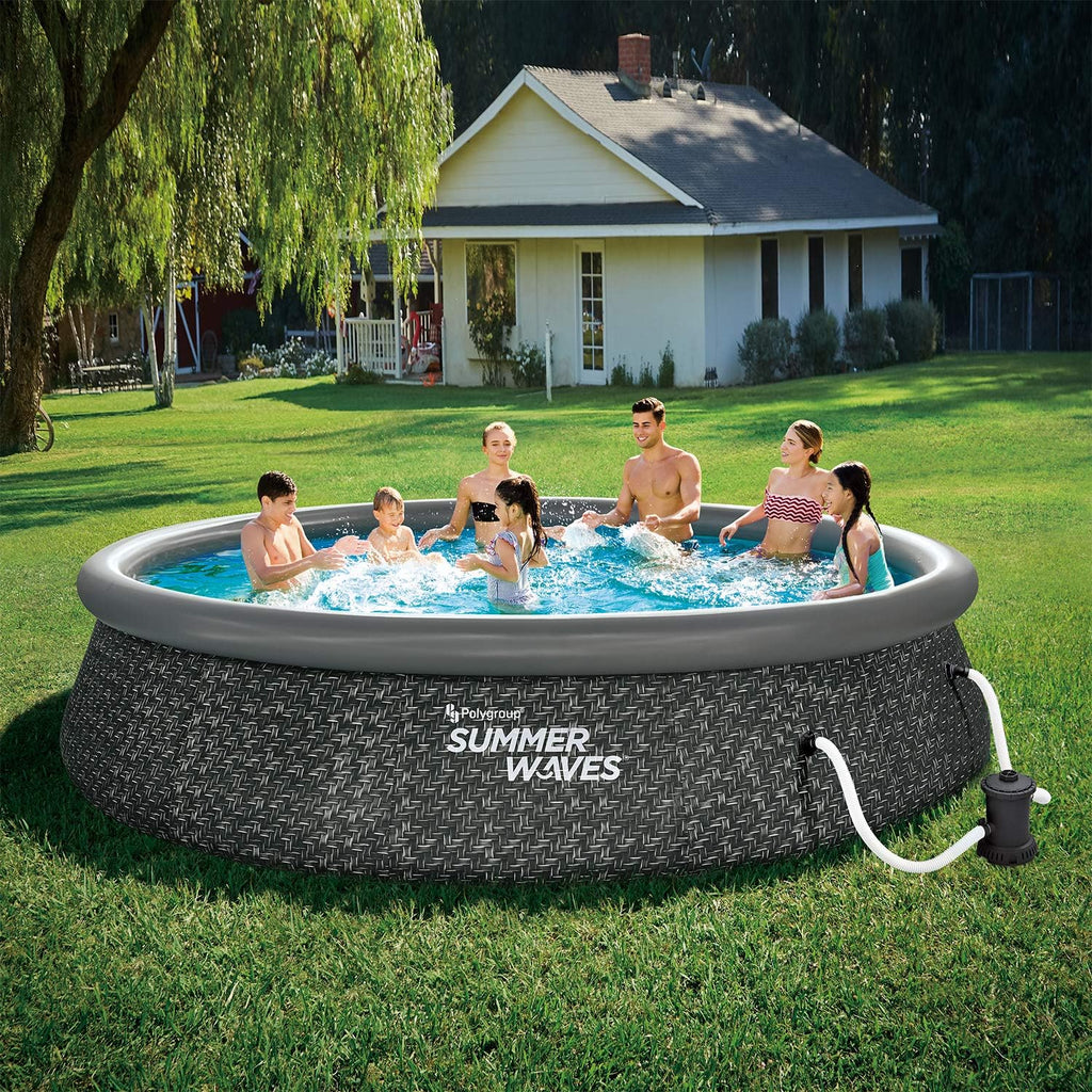 Summer Waves 14' x 36' Quick Set Inflatable Ring Above Ground Outdoor Swimming Pool with RX600 GFCI Filter Pump and Ladder, Dark Wicker