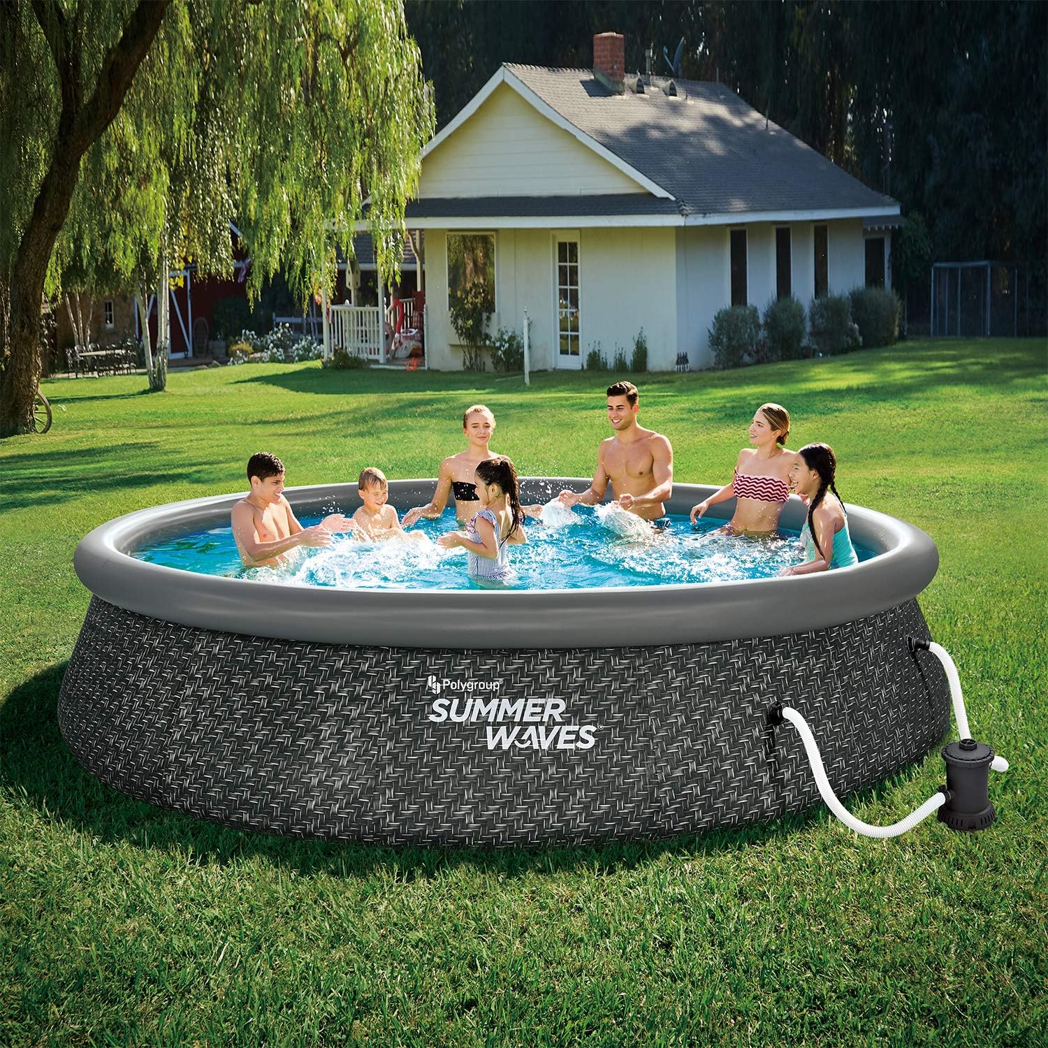 Summer Waves 14' x 36' Quick Set Inflatable Ring Above Ground Outdoor Swimming Pool with RX600 GFCI Filter Pump and Ladder, Dark Wicker