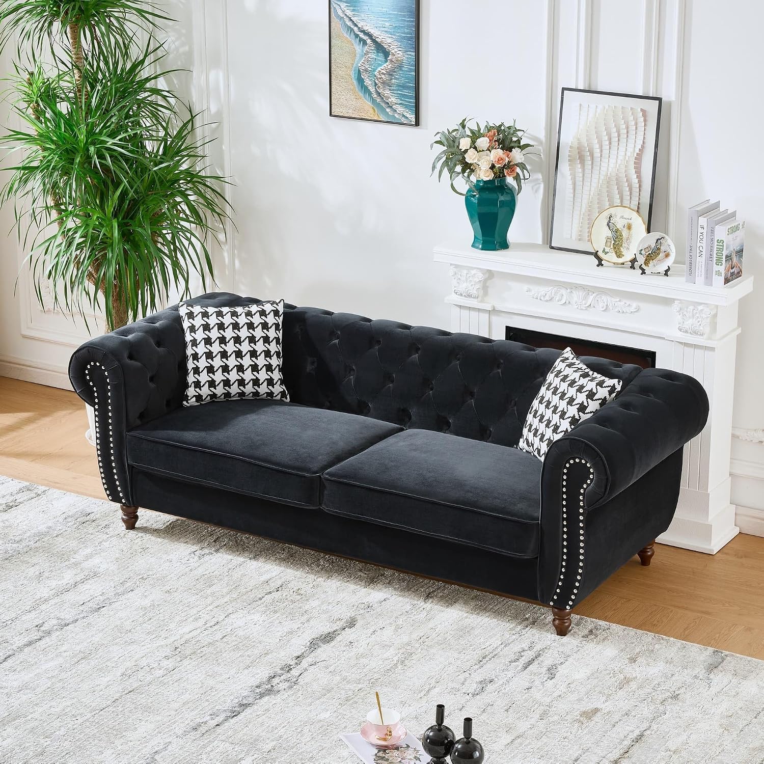 87' Velvet Tufted Sofa for Living Room, Elegant 3 Seater Upholstered Chesterfield Couch with Nailhead Rolled Arms and 2 Pillows for Home Office, Apartment, Studio, Black