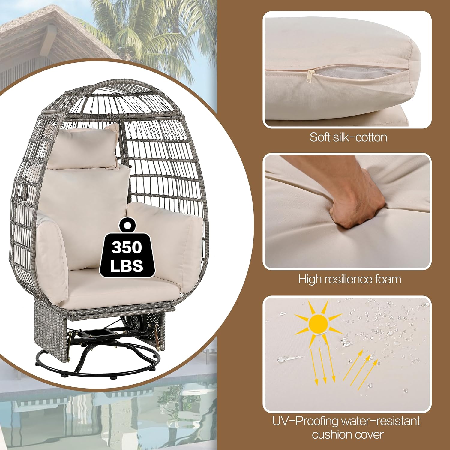 Outdoor Swivel Chair with Cushions, Rattan Egg Patio Chair with Rocking Function for Balcony, Poolside and Garden