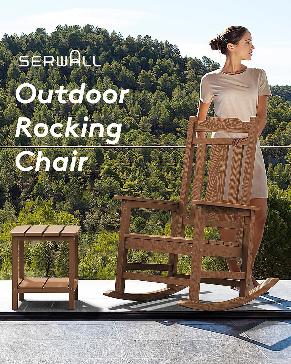 SERWALL Oversized Rocking Chair, HDPE Outdoor Rocking Chairs, Patio Rocking Chair Sets for Adults, Brown