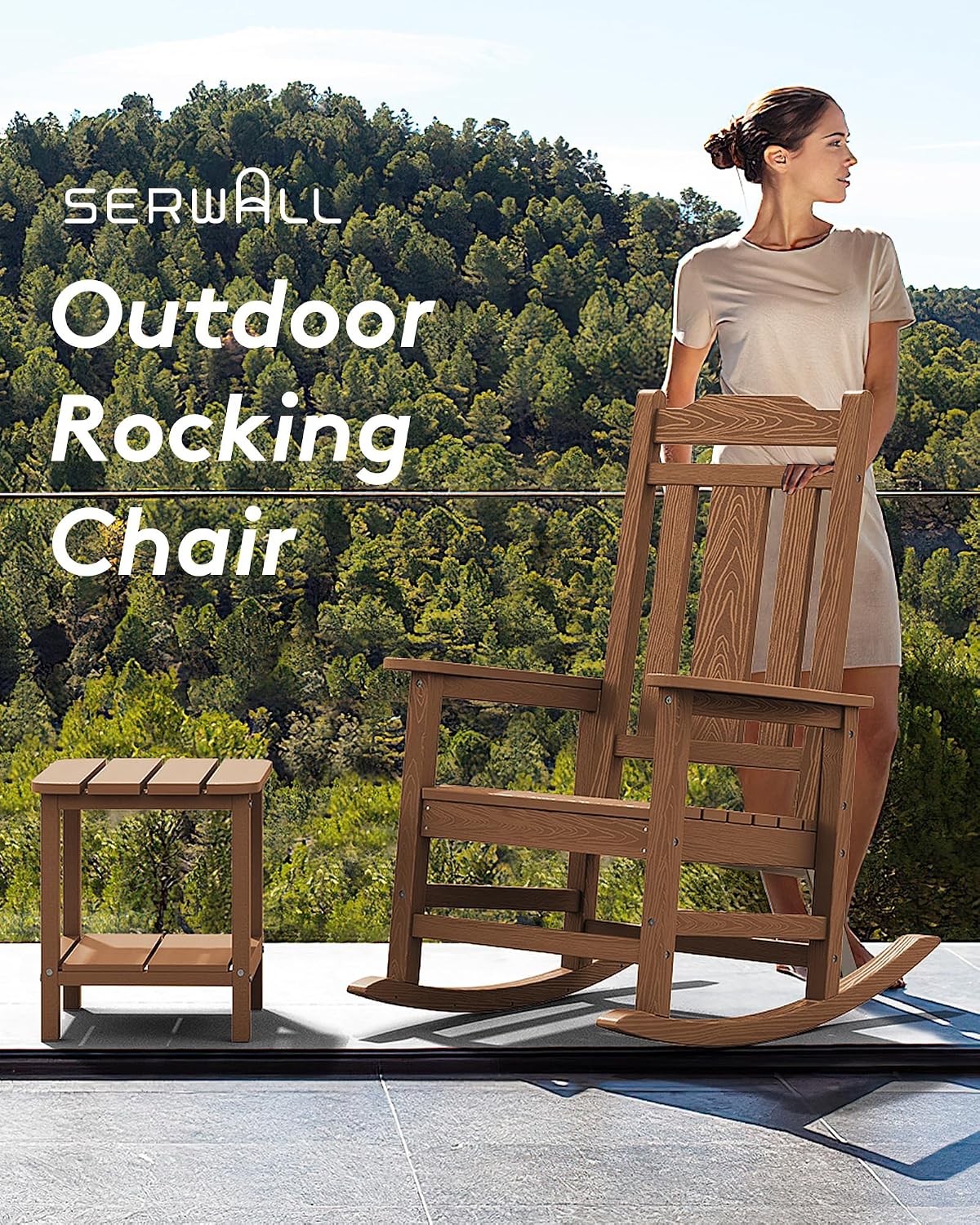 SERWALL Oversized Rocking Chair, HDPE Outdoor Rocking Chairs, Patio Rocking Chair Sets for Adults, Brown