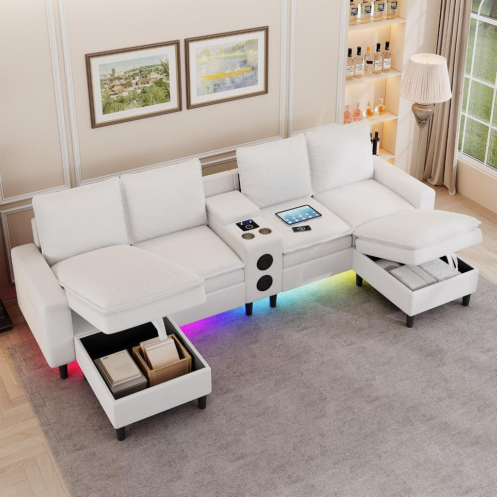 Sectional Couches for Living Room, 4 Seat Sectional Sofa with Smart Module-Bluetooth Speaker/RGB Light/Charging Station, Teddy Fleece U Shaped Cloud Couch with Storage Ottoman (White)