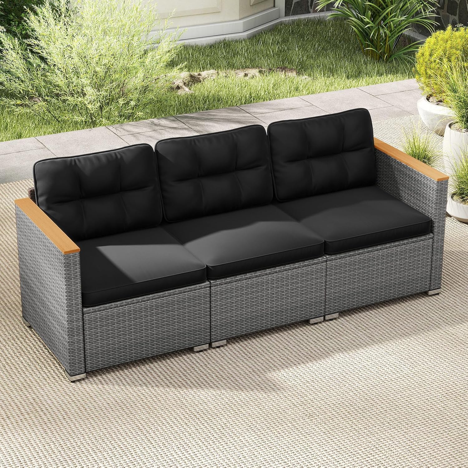 Tangkula 3-Seat Patio Wicker Couch Sofa, Outdoor 3 Seater Rattan Furniture Set with Acacia Wood Armrests & Thick Cushion, Outside Sectional Sofa Couch for Porch, Deck, Garden and Backyard, Black