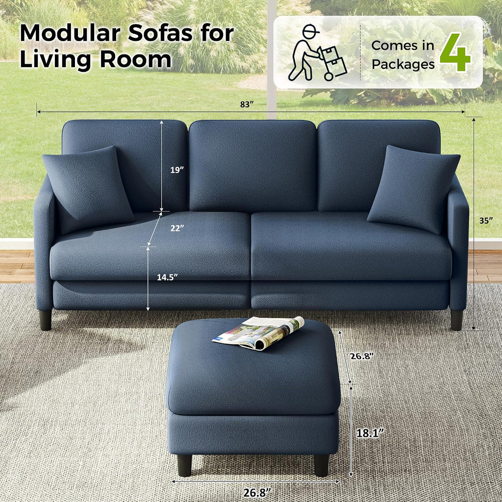 Welzona 83' Couches for Living Room, Teddy Sofa Couch with Storage Ottomans, U Shaped Couch with Movable Ottomans, Tool-Free Modular Sectional Sofa, All-Wood Sofas for Living Room 2 Pillows, Blue Grey