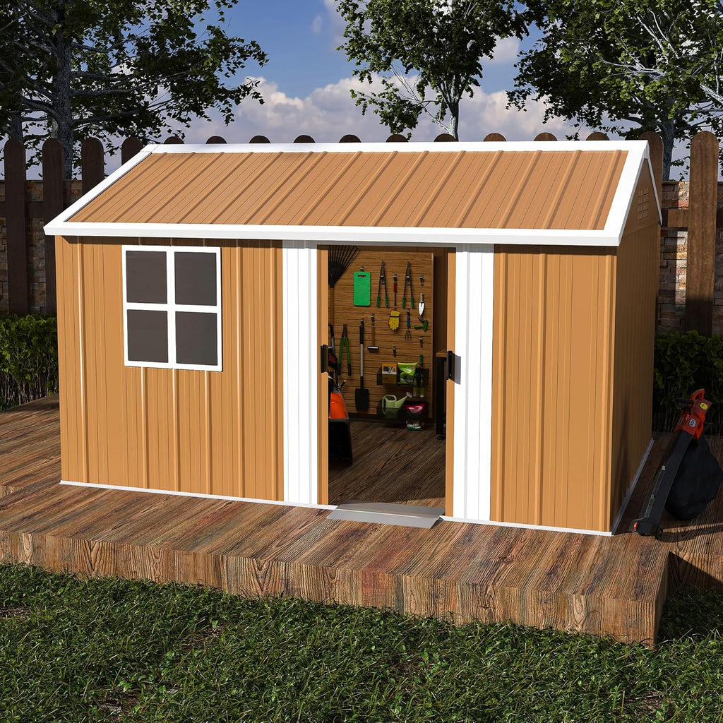 Montary 8X12 FT Outdoor Storage Shed with Windows, Lockable Door & Ventilation - Weatherproof Metal Garden Shed, Outdoor Tool Storage House for Backyard, Lawn, Patio,Yard