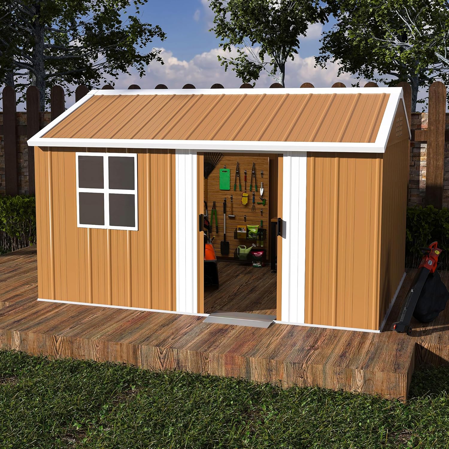 Montary 8X12 FT Outdoor Storage Shed with Windows, Lockable Door & Ventilation - Weatherproof Metal Garden Shed, Outdoor Tool Storage House for Backyard, Lawn, Patio,Yard
