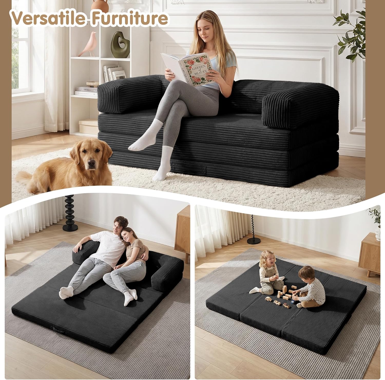 5-in-1 Convertible Sofa Bed,60' Boneless Couch Tri Folding Floor Mattress with Removable L-Shaped Armrests & Handle,Corduroy Futon Couch Sleeper with Pull Out Bed for Living Room Bedroom Apartment