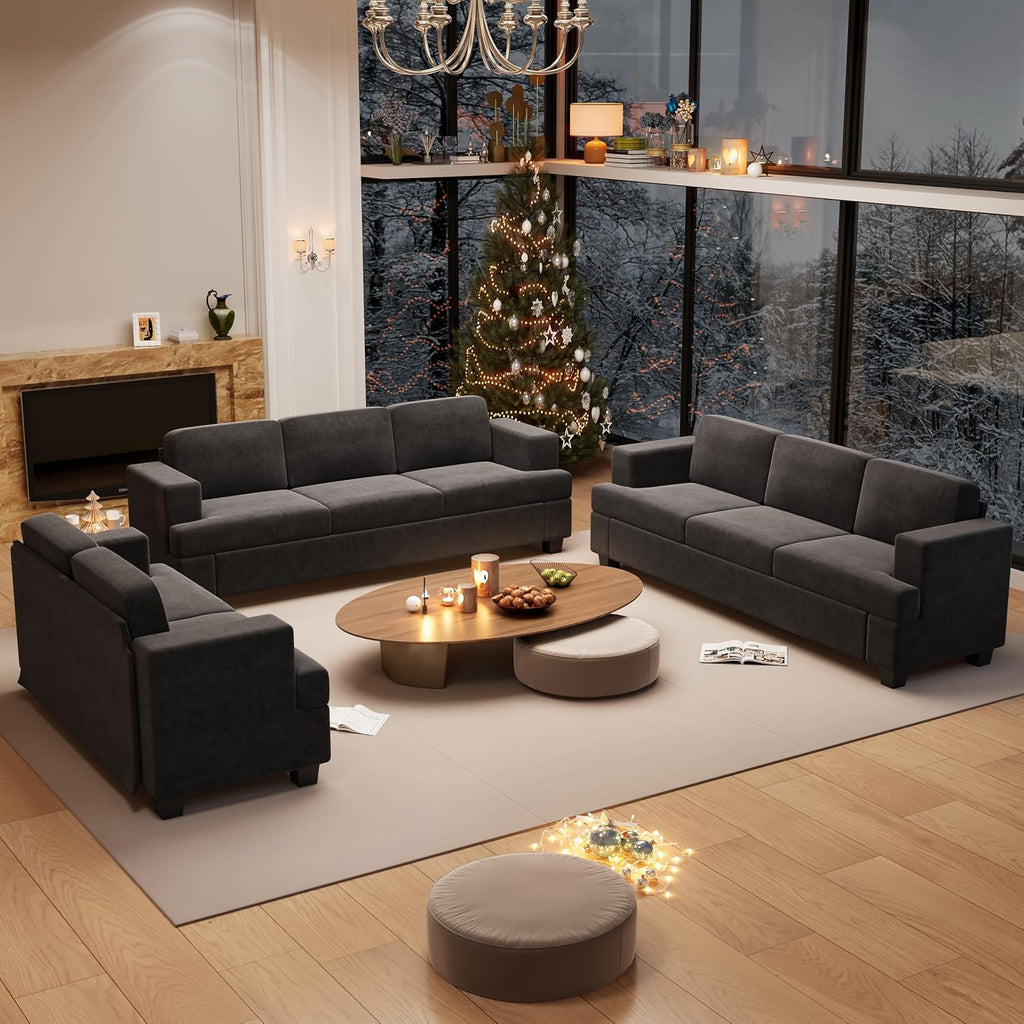 YOUDENOVA Sofa, 3 Piece Set Comfy Sofa, Loveseat & 2 3-Seater Couch with Deep Seats for Living Room, Modern Sleeper Couch, Dark Grey Chenille