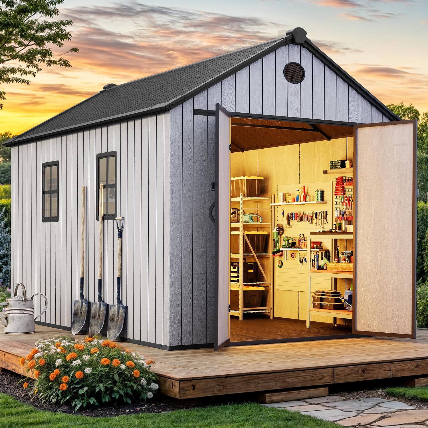 YITAHOME 8x12 FT Outdoor Storage Shed with Floor, Waterproof Extra Thick Plastic Garden Shed with Lockable Doors, 2 Vision Windows Vents, 16mm Heavy Duty Tool Shed for Bikes, Patio or Backyard, Gray