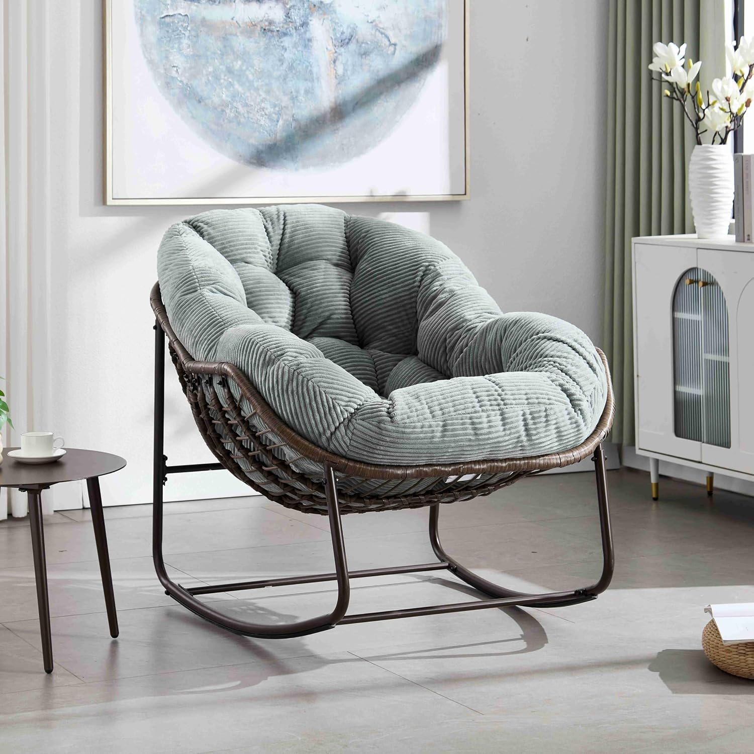 Wicker Outdoor Rocking Chair Rattan Egg Chair with Thick Cushion 30° Smooth Rocking Patio Lounge Reclining for Indoor Outdoor Use Living Room Front Porch Balcony Lawn Garden, Light Blue