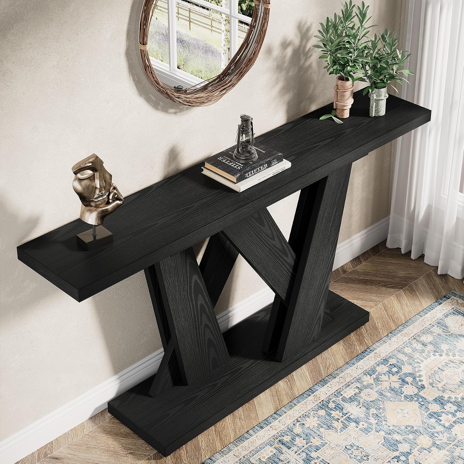 Tribesigns 55-Inch Farmhouse Console Table, Farmhouse Behind The Couch Table TV Stand with Geometric Base, Skinny Sofa Table Entryway Table for Entrance, Living Room, Hallway, Foyer, Black