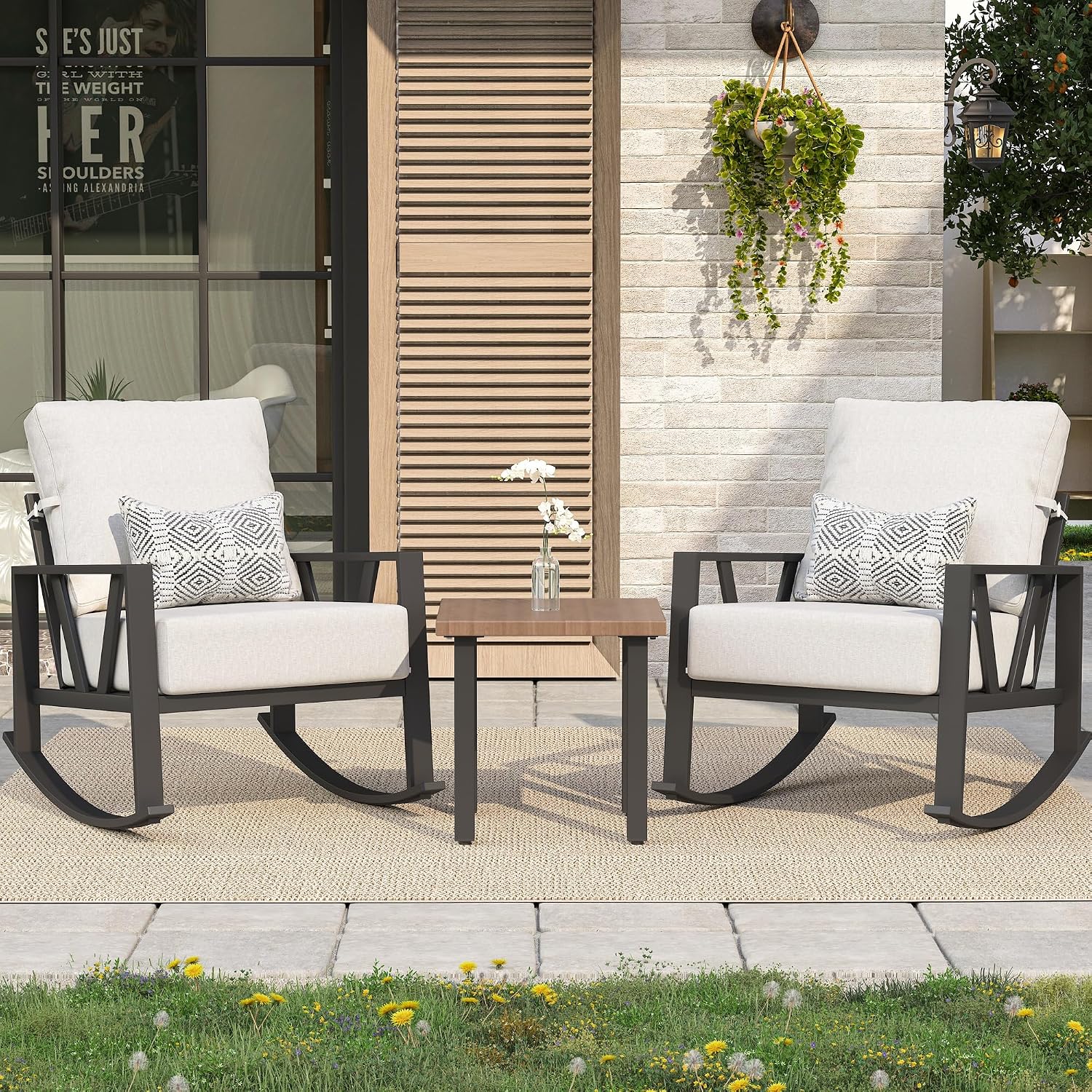 Outdoor Patio Rocking Chairs Set of 2, 3 Pieces Patio Porch Furniture Set with 6' Thick Cushions, Outdoor Bistro Set with Coffee Table,White