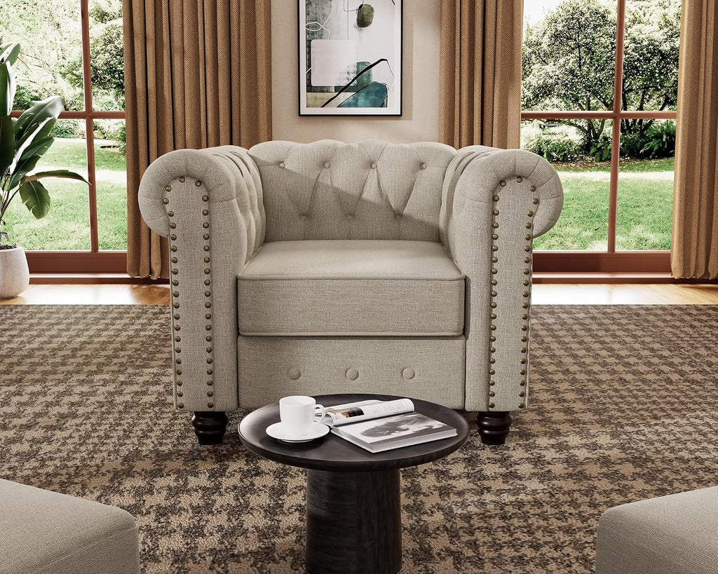 Morden Fort Classic Chesterfield Sofa Chair Set, Tufted Arm Chair Sofa with Solid Wood Legs Thick Cushion, Pet-Friendly Sofa Couch Chair for Living Room Bedroom Reading Room - Linen Beige