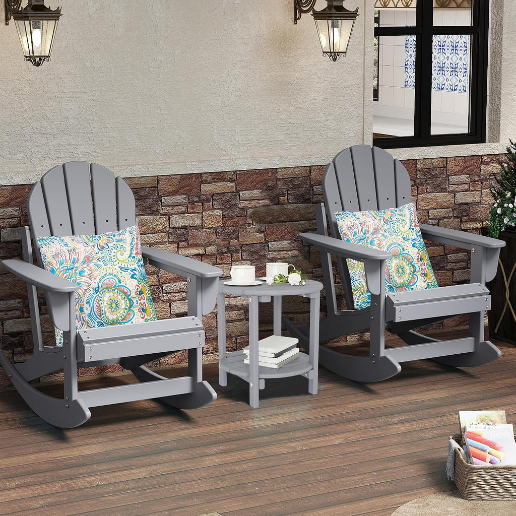 Sundale Outdoor Rocking Chair Set of 2 with Pillow, Patio Plastic All Weather Adirondack Rocker for Proch, Water Resistant for Outside, Garden, Pool, Yard, Grey