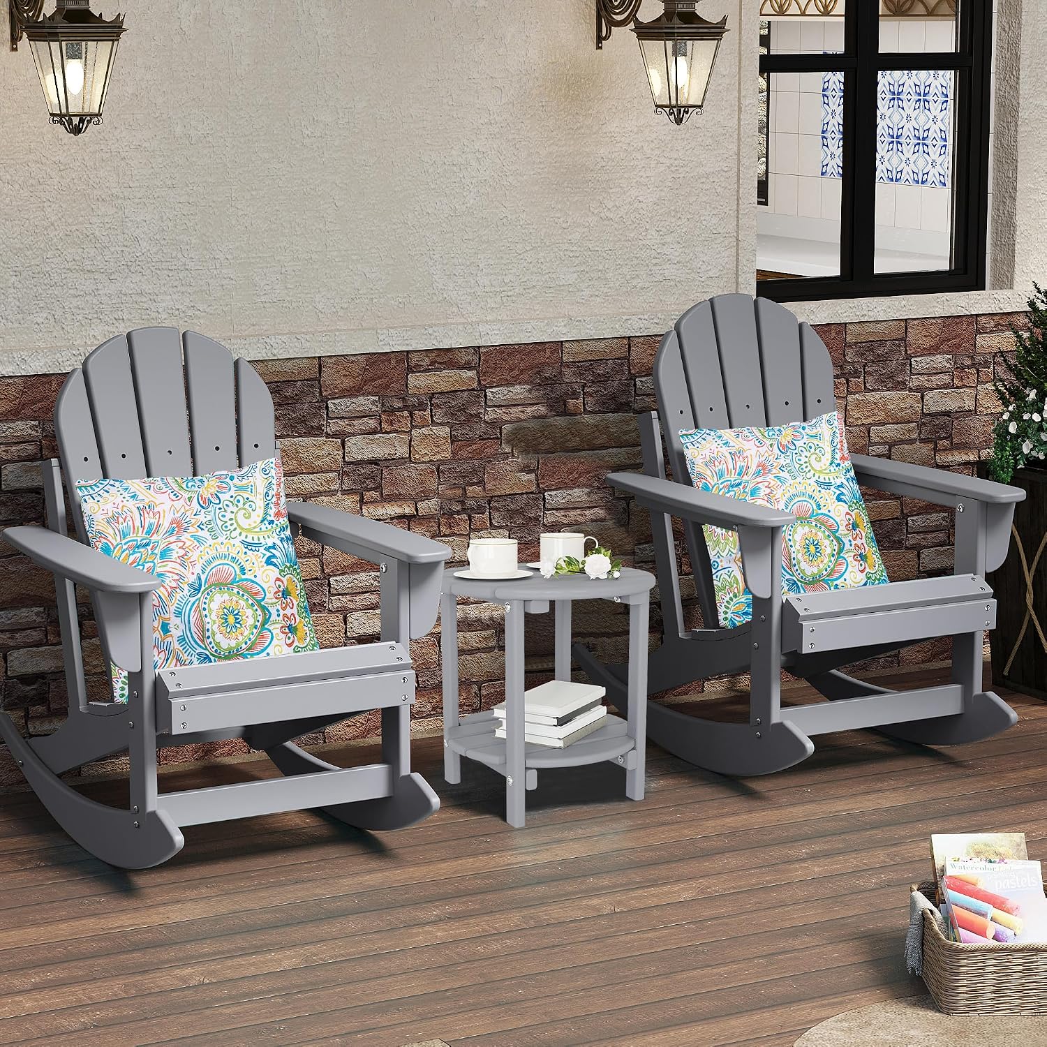 Sundale Outdoor Rocking Chair Set of 2 with Pillow, Patio Plastic All Weather Adirondack Rocker for Proch, Water Resistant for Outside, Garden, Pool, Yard, Grey