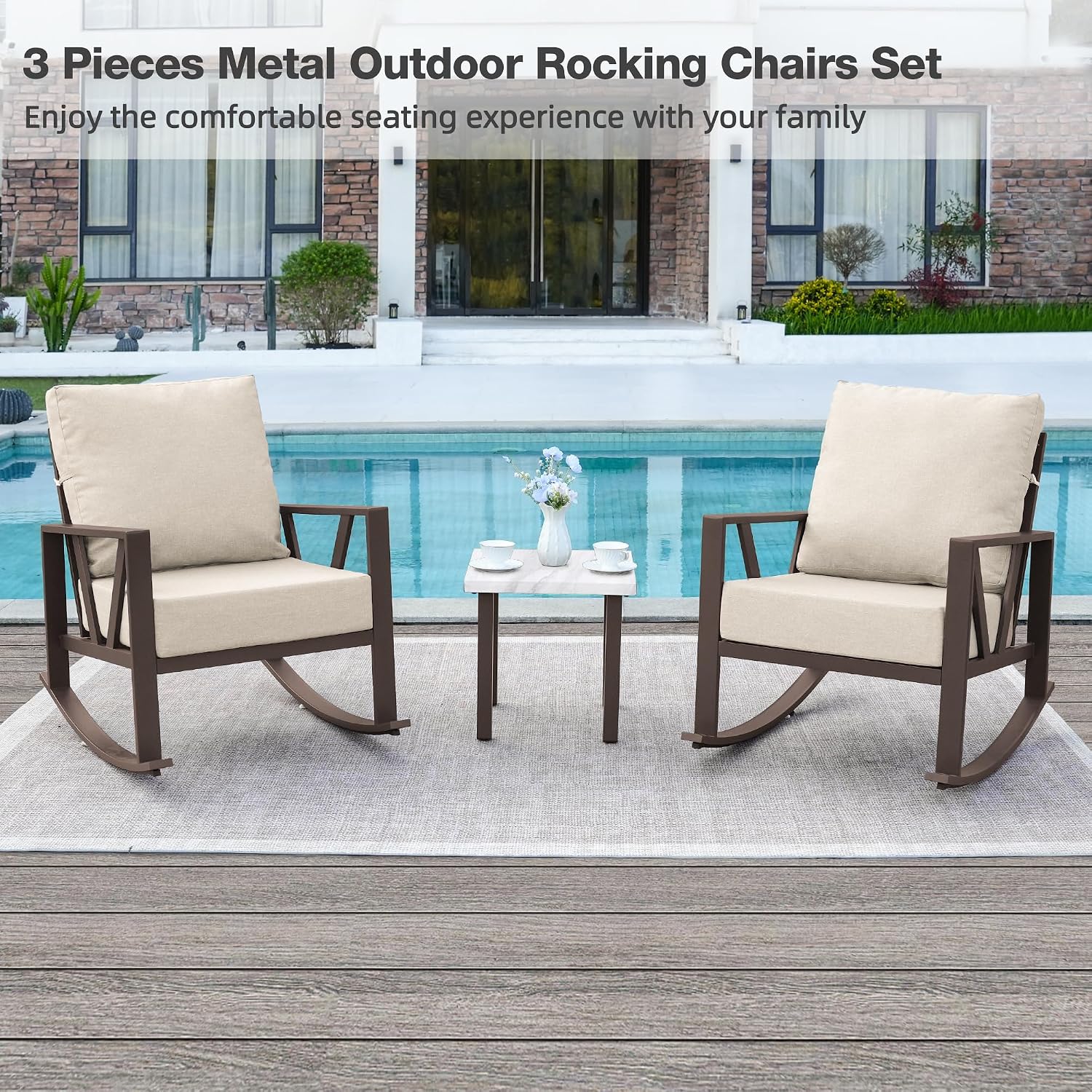 Outdoor Patio Rocking Chairs Set of 2, 3 Pieces Patio Porch Furniture Set with 6' Thick Cushions, Outdoor Bistro Set with Coffee Table, Upgrade Beige