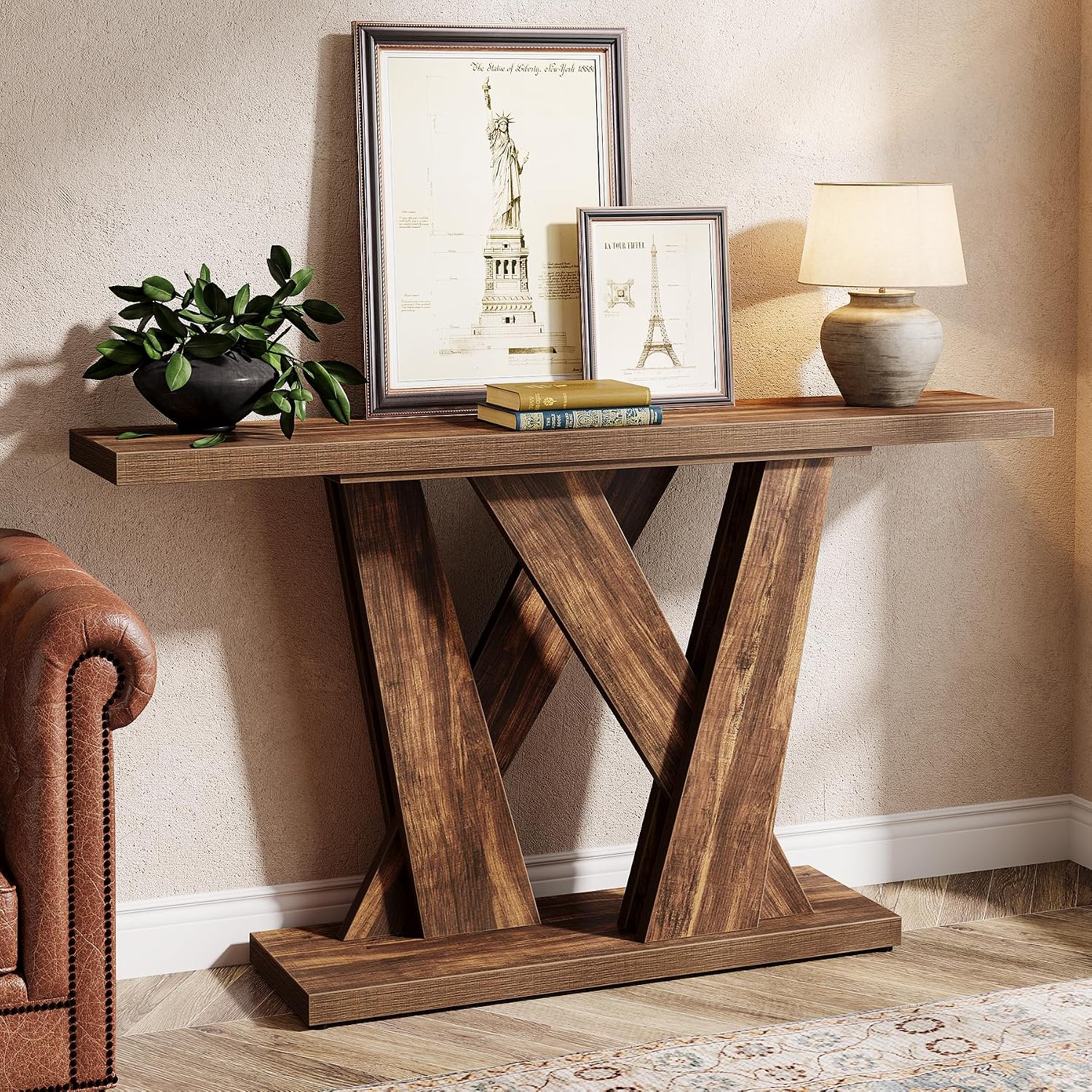 Tribesigns 55-Inch Farmhouse Console Table, Farmhouse Behind The Couch Table TV Stand with Geometric Base, Skinny Sofa Table Entryway Table for Entrance, Living Room, Hallway, Foyer, Rustic Brown