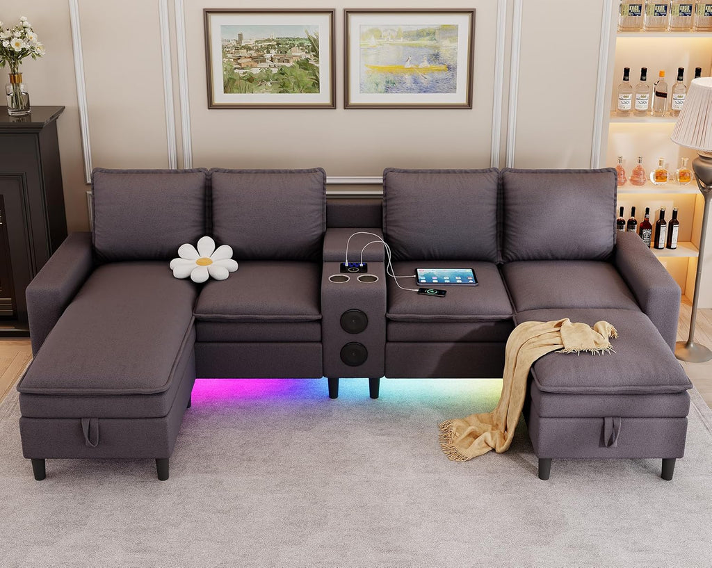 Sectional Couches for Living Room, 4 Seat Sectional Sofa with Smart Module-Bluetooth Speaker/RGB Light/Charging Station, Teddy Fleece U Shaped Cloud Couch with Storage Ottoman (Dark Grey)