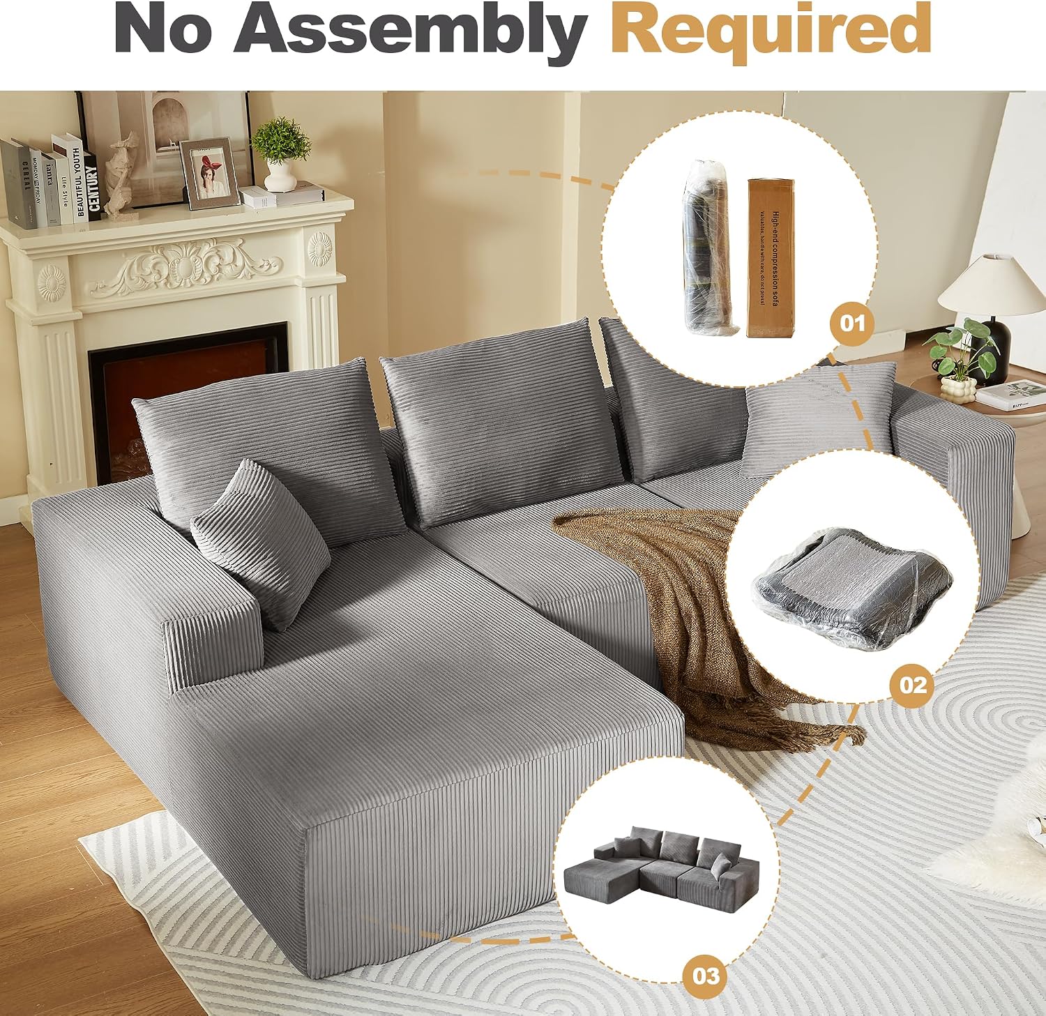 109.4' Oversized Modular Sectional Sofa with Chaise, Convertible L Shaped Cloud Couch with Deep Seat, 35D Full Foam Compressed Boneless Couches for Living Room, Bedroom, Office, No Assembly Required