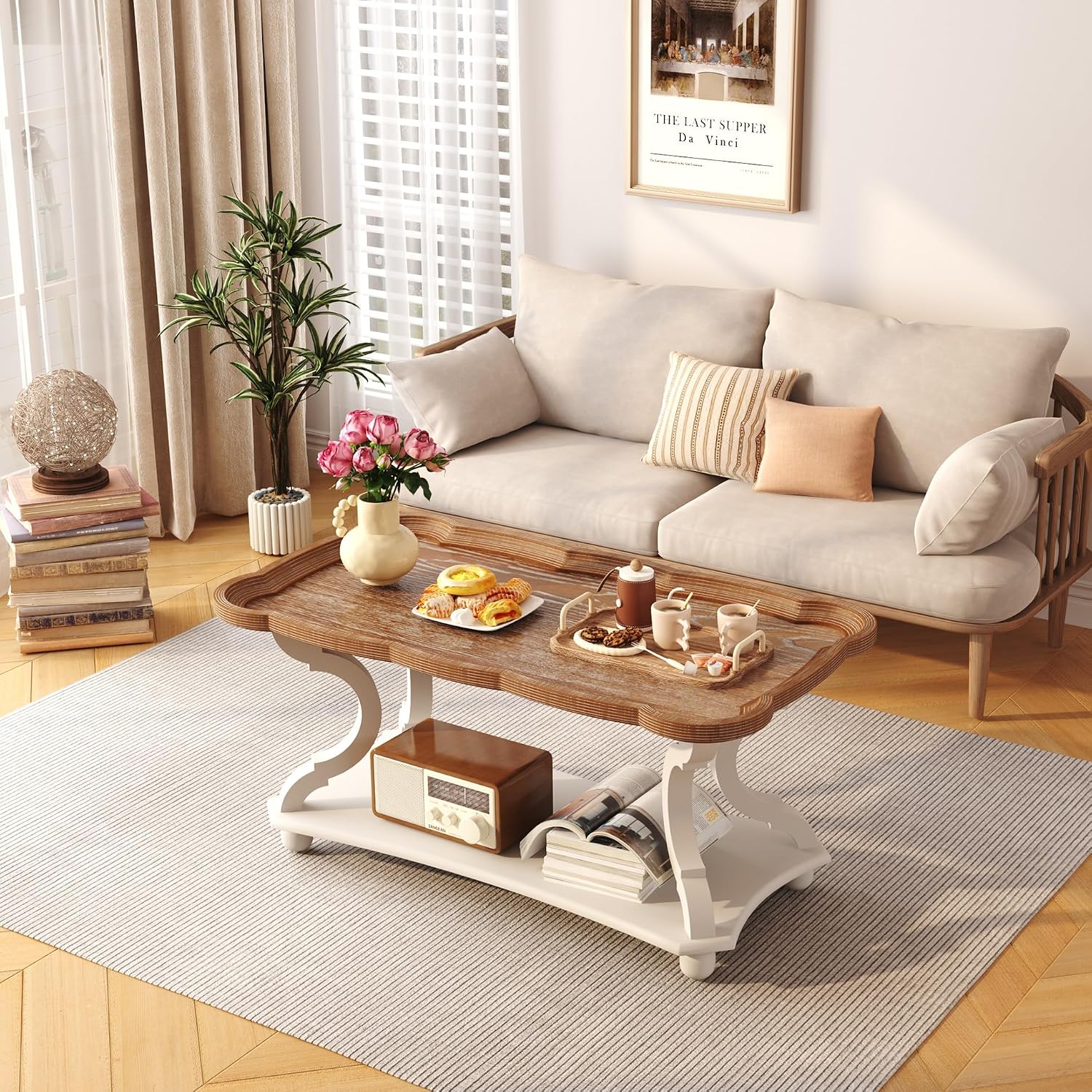 Function Home Farmhouse Coffee Table, 2-Tier Center Table with Storage Shelf, 39.8' French Country Rectangle Accent Table with Natural Tray Top and Curved Legs for Living Room Balcony, Vintage White