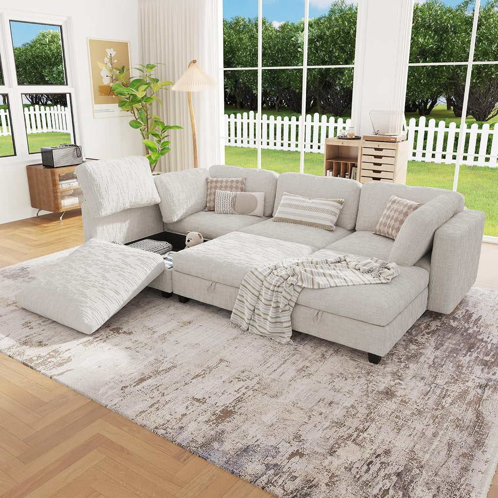 99' Modular Sectional Chenille Sofa bed with Hidden Storage, Comfy Modern 6 Seater Oversized Deep Seat Couch, Modular Sectional with Ottoman and Removable Cover for Living Room, Apartment, Beige