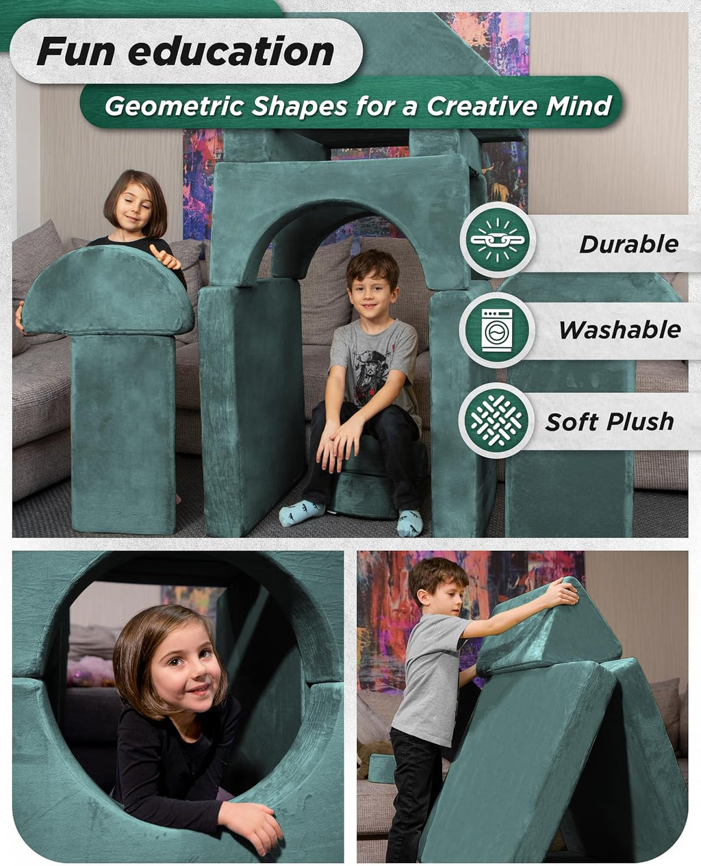 Lunix LX15 14pcs Modular Kids Play Couch, Design-Patent Child Sectional Sofa, Fort-Play Bedroom Playroom Furniture for Toddlers, Convertible Foam, Washable Covers, Oeko-TEX & CertiPUR-US, Sage Teal