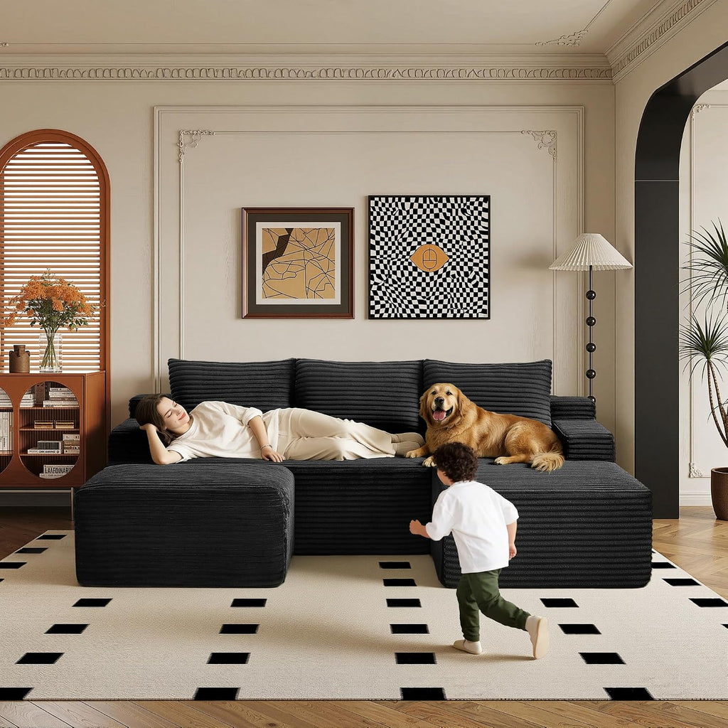 96' Sectional Couches for Living Room Cloud Couch Sofa with L-Shape Upholstered Boneless Couchs Modern Modular Sectional Couch with Chaise (Black, 96' W+Right Facing Chaise+2Seaters+Ottoman)